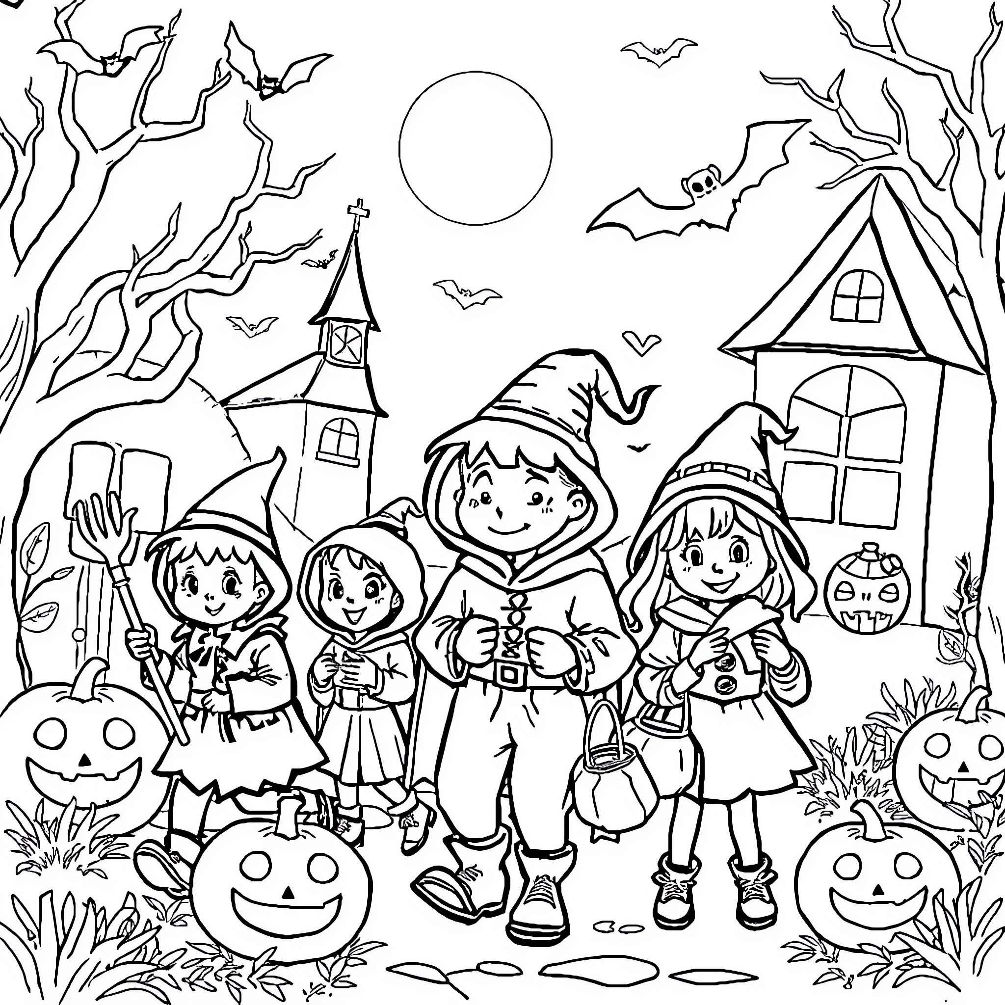 Halloween Night Trick-or-Treating with Friends Coloring Page (free black-and-white line drawing printable PDF for all, from beginners to advanced learners, including children, teens, adults, and seniors)