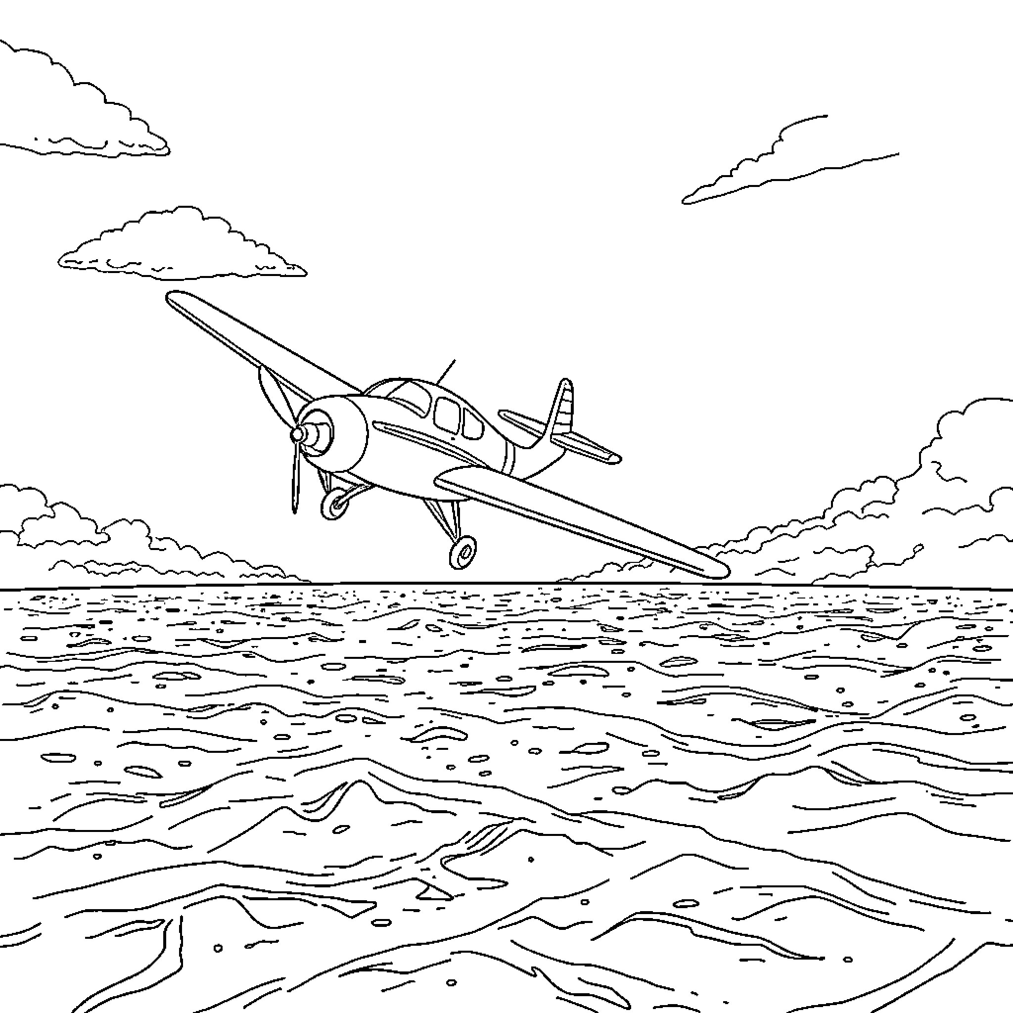 Seaplane soaring over the ocean Coloring Page (free black-and-white line drawing printable PDF for all, from beginners to advanced learners, including children, teens, adults, and seniors)