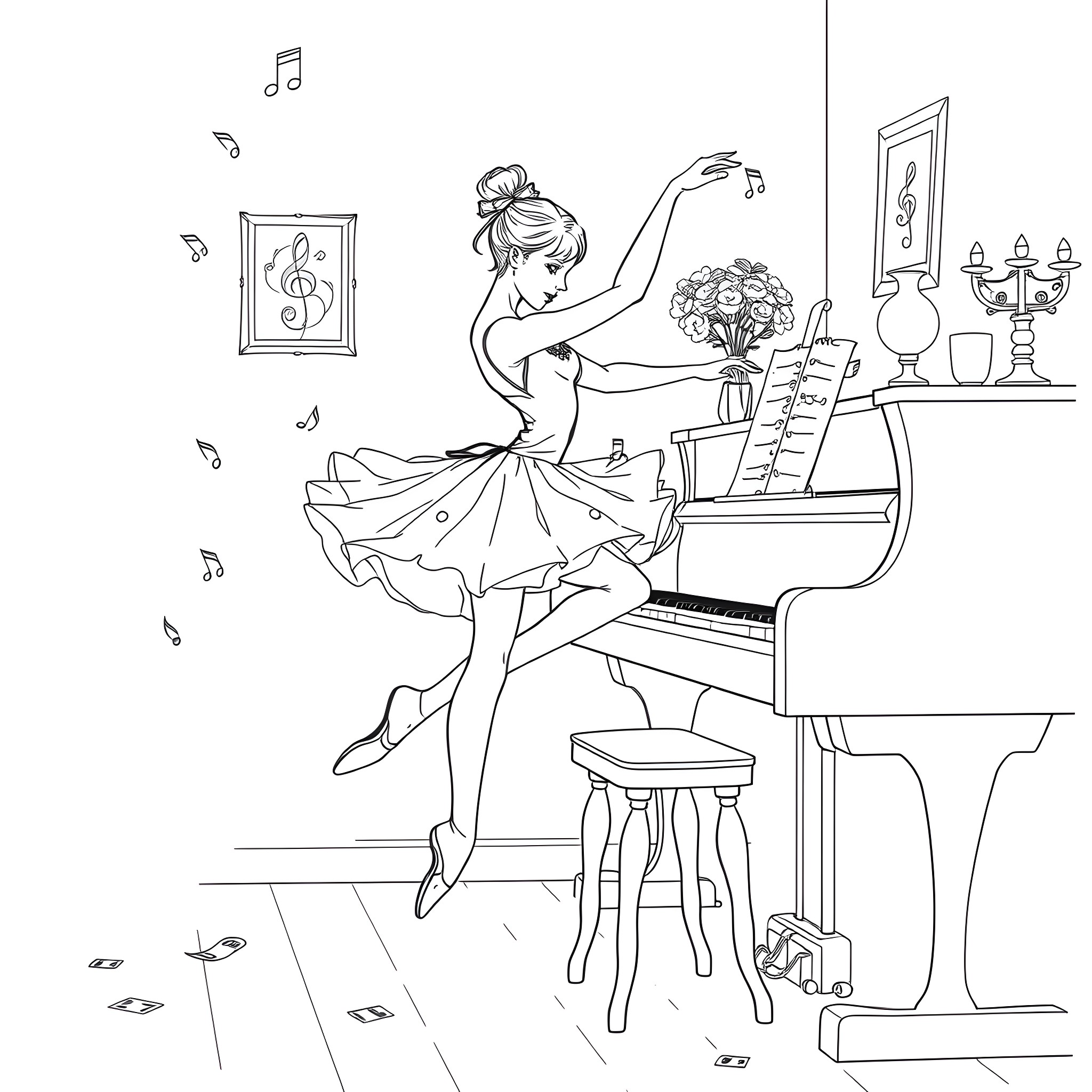 Ballerina Gracefully Performing at the Piano Coloring Page (free black-and-white line drawing printable PDF for all, from beginners to advanced learners, including children, teens, adults, and seniors)