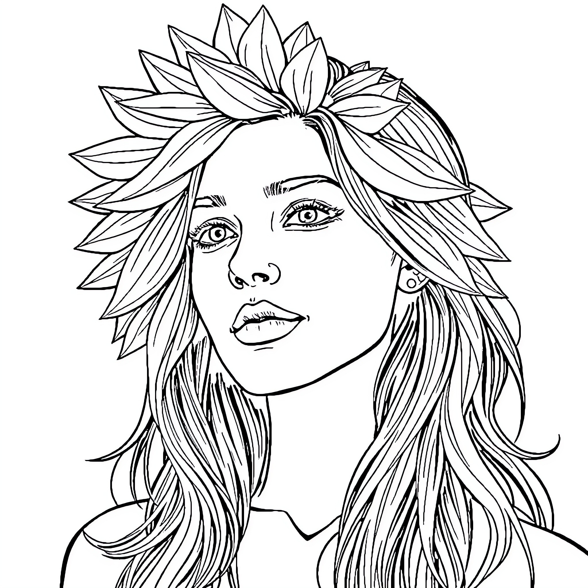 Person with elaborate floral headpiece Coloring Page (free black-and-white line drawing printable PDF for all, from beginners to advanced learners, including children, teens, adults, and seniors)