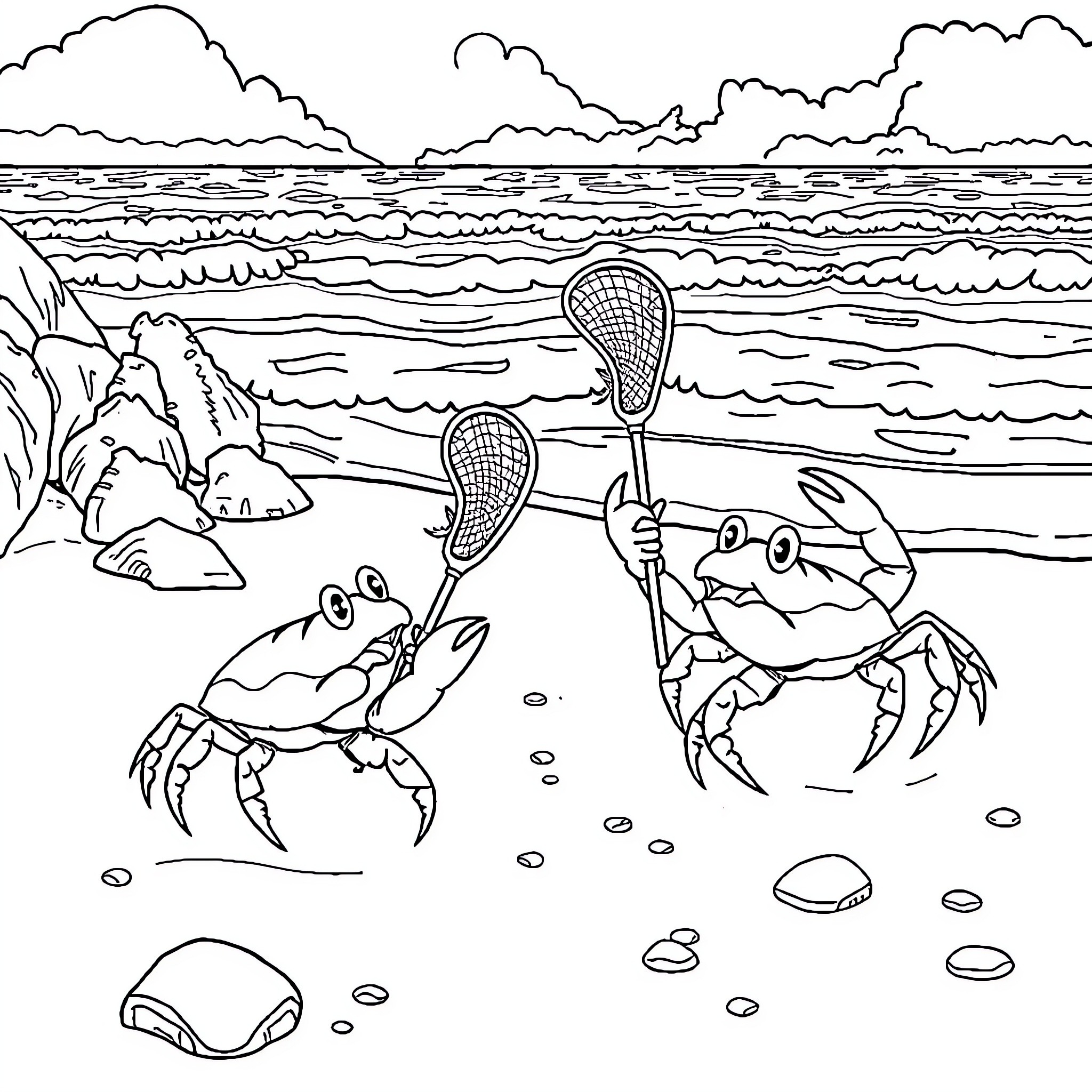 Crabs playing on the beach with fishing nets Coloring Page (free black-and-white line drawing printable PDF for all, from beginners to advanced learners, including children, teens, adults, and seniors)