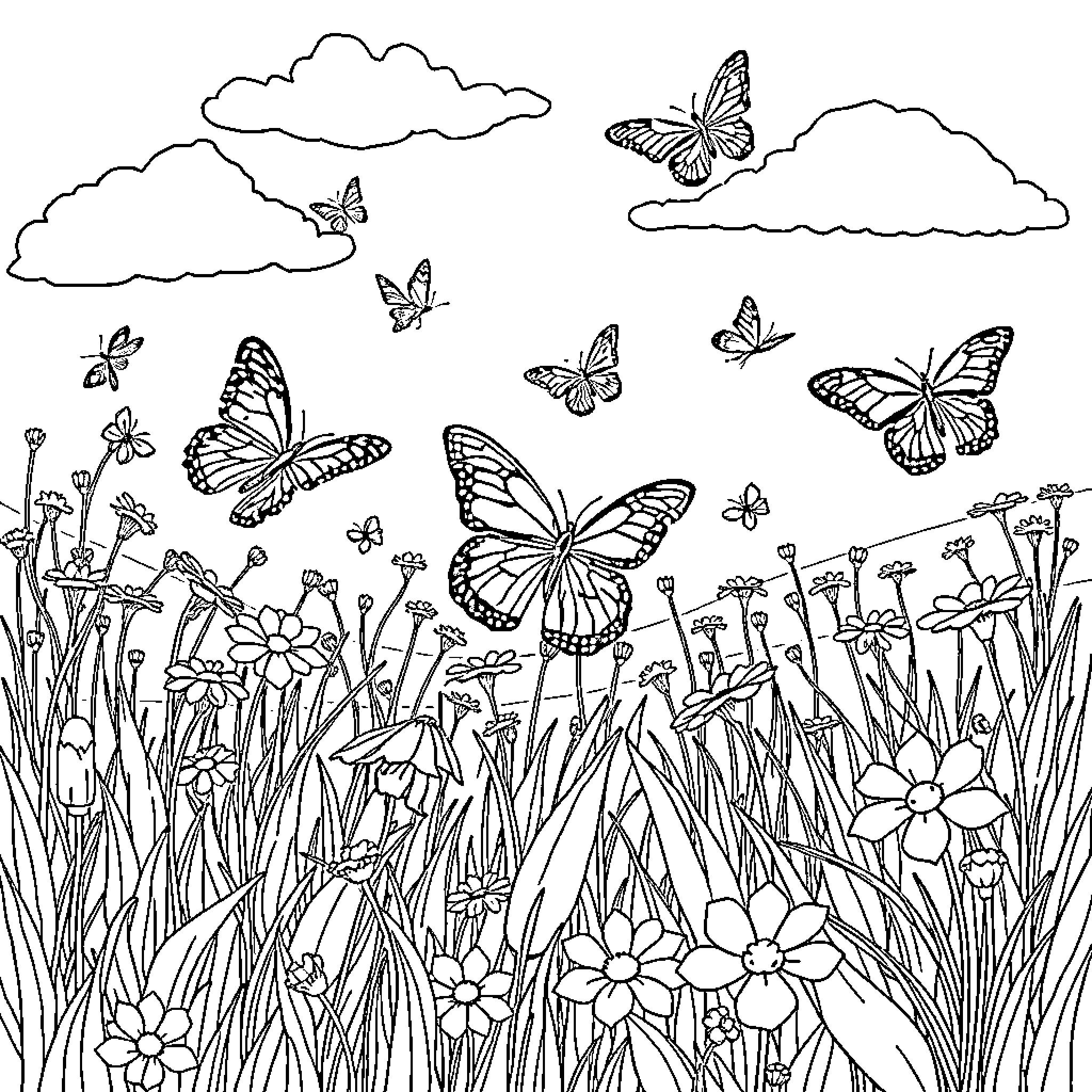 Butterfly garden with fluttering butterflies Coloring Page (free black-and-white line drawing printable PDF for all, from beginners to advanced learners, including children, teens, adults, and seniors)