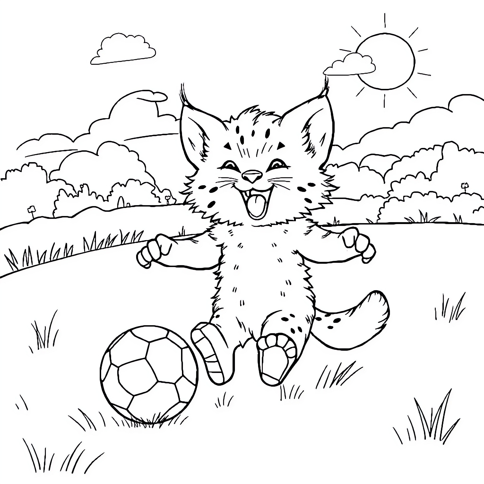Lynx playing with soccer ball in nature Coloring Page (free black-and-white line drawing printable PDF for all, from beginners to advanced learners, including children, teens, adults, and seniors)