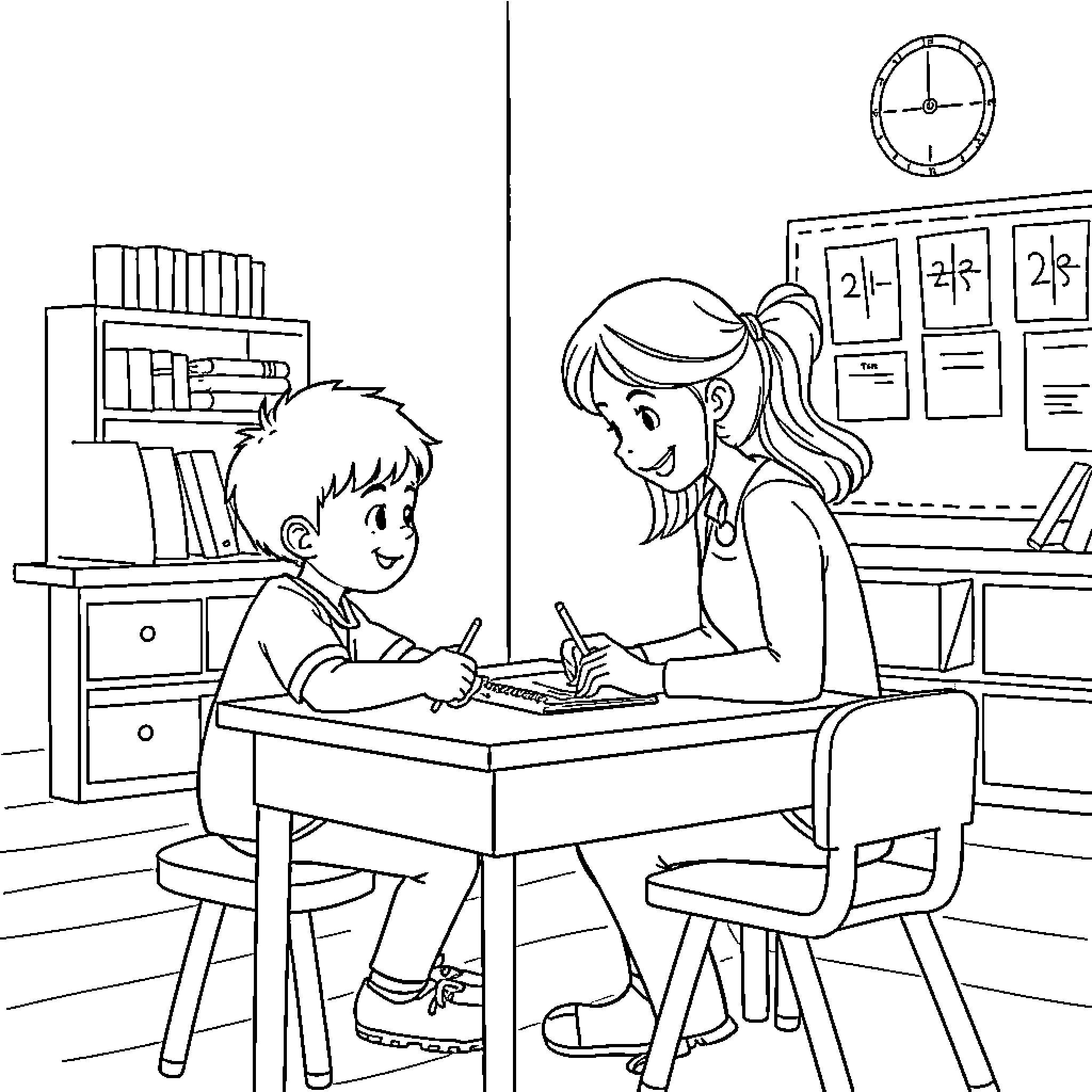 Students studying diligently in the classroom Coloring Page (free black-and-white line drawing printable PDF for all, from beginners to advanced learners, including children, teens, adults, and seniors)