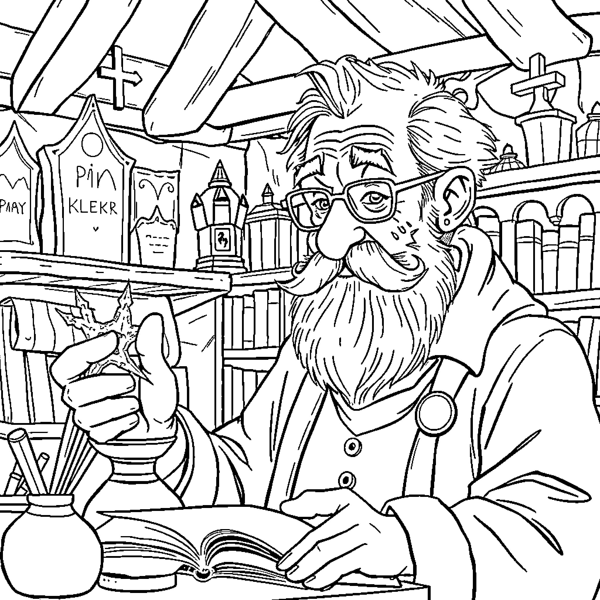 Teacher in an Eccentric Classroom Setting Coloring Page (free black-and-white line drawing printable PDF for all, from beginners to advanced learners, including children, teens, adults, and seniors)