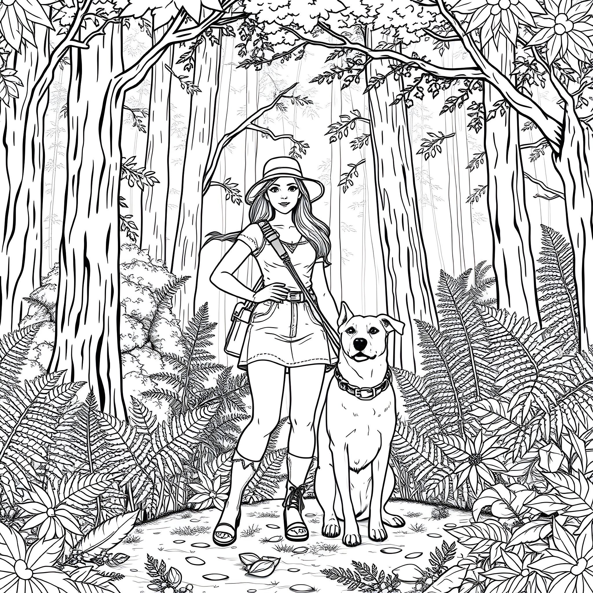 Huntress explores the lush forest with her loyal companion Coloring Page (free black-and-white line drawing printable PDF for all, from beginners to advanced learners, including children, teens, adults, and seniors)