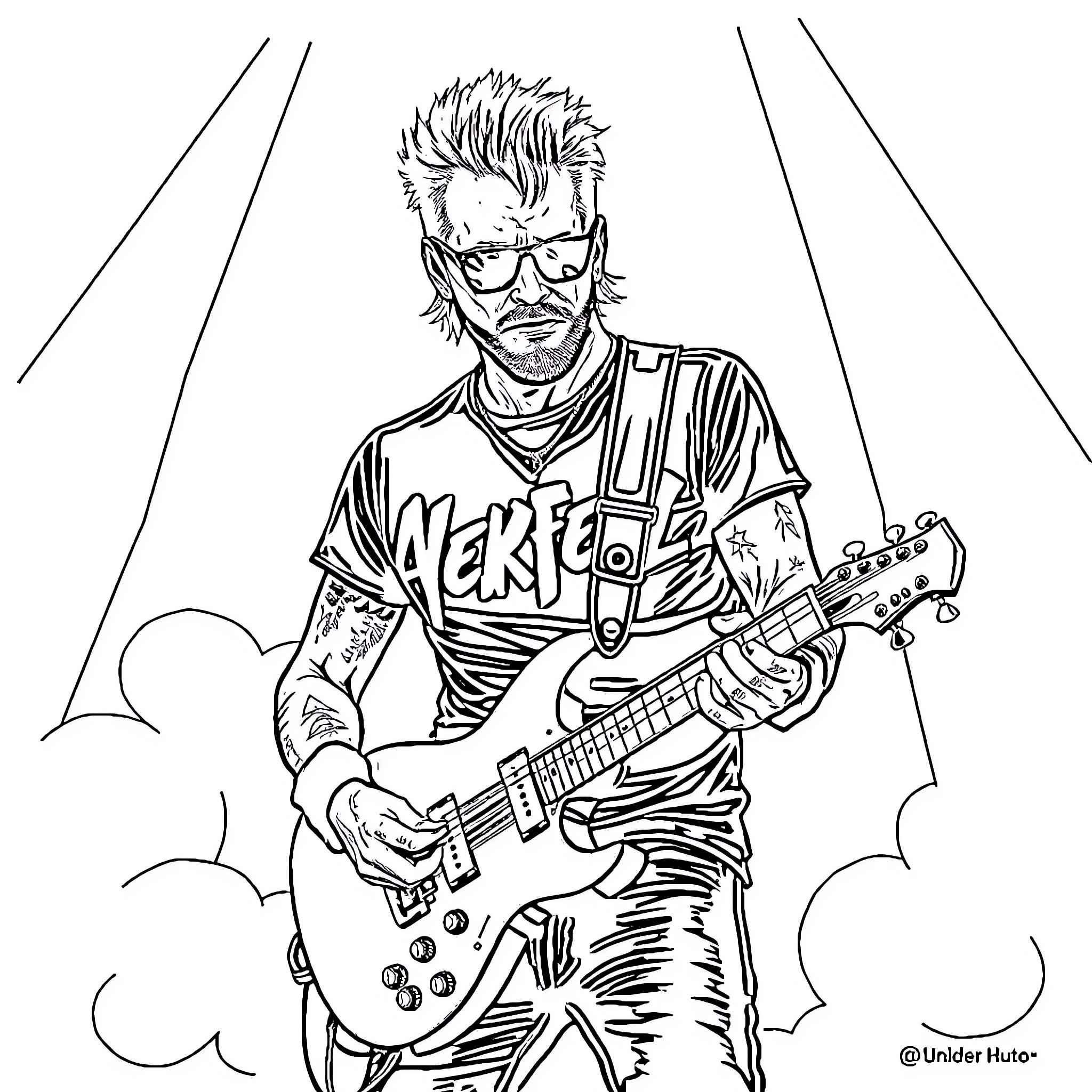 James Hetfield performing on stage with electric guitar Coloring Page (free black-and-white line drawing printable PDF for all, from beginners to advanced learners, including children, teens, adults, and seniors)