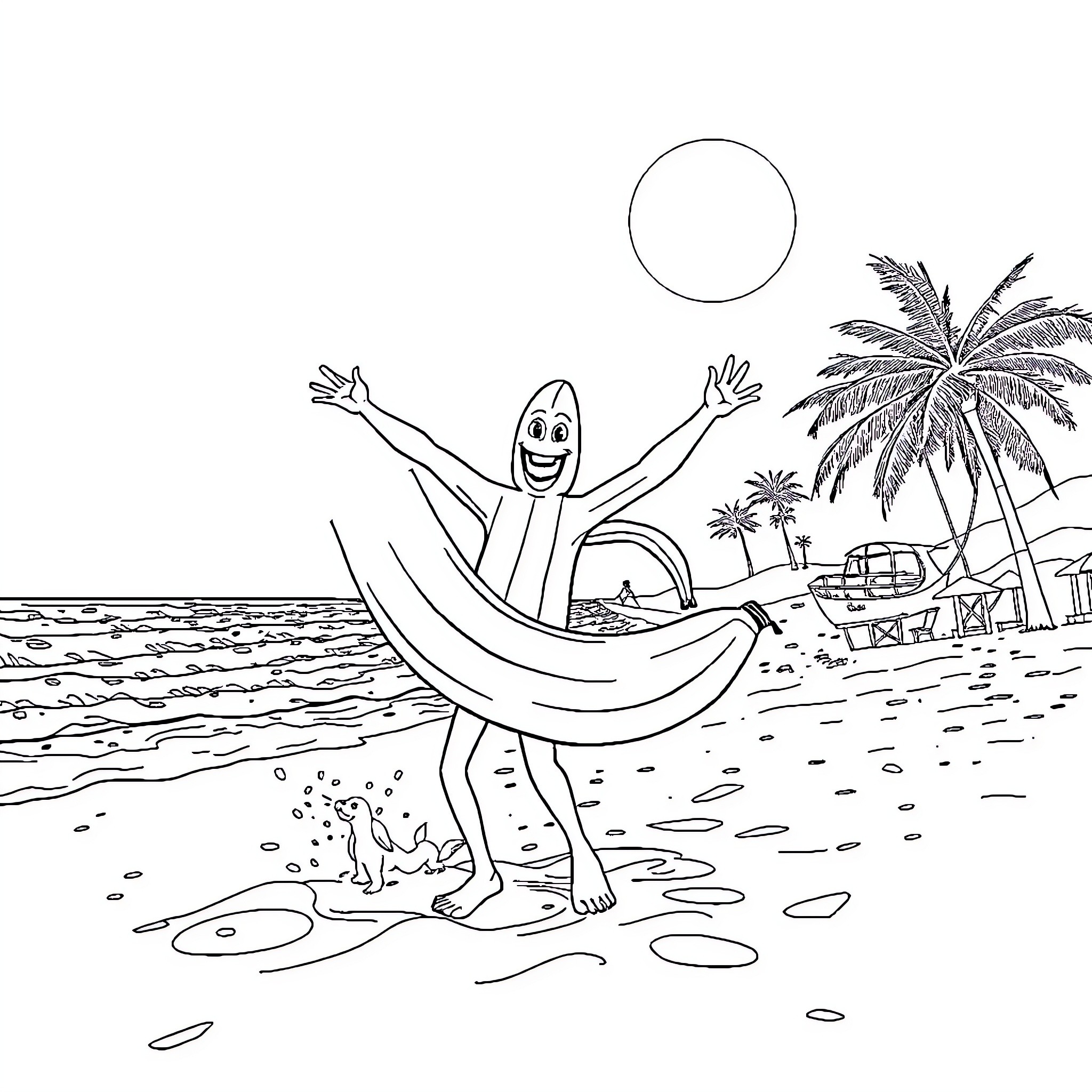 Banana enjoying a sunny day at the beach Coloring Page (free black-and-white line drawing printable PDF for all, from beginners to advanced learners, including children, teens, adults, and seniors)