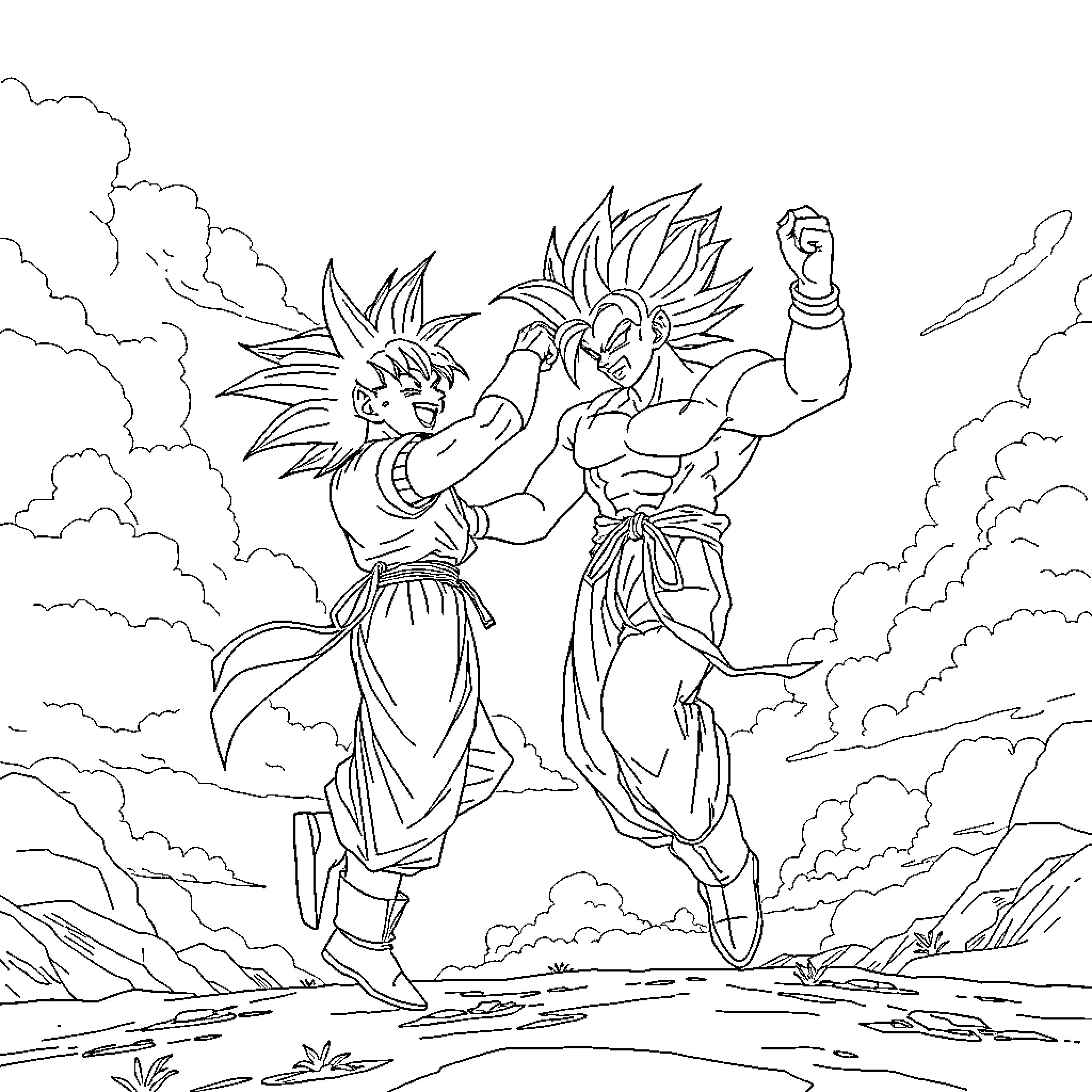 Son Goku and Vegeta battling in a dramatic scene Coloring Page (free black-and-white line drawing printable PDF for all, from beginners to advanced learners, including children, teens, adults, and seniors)
