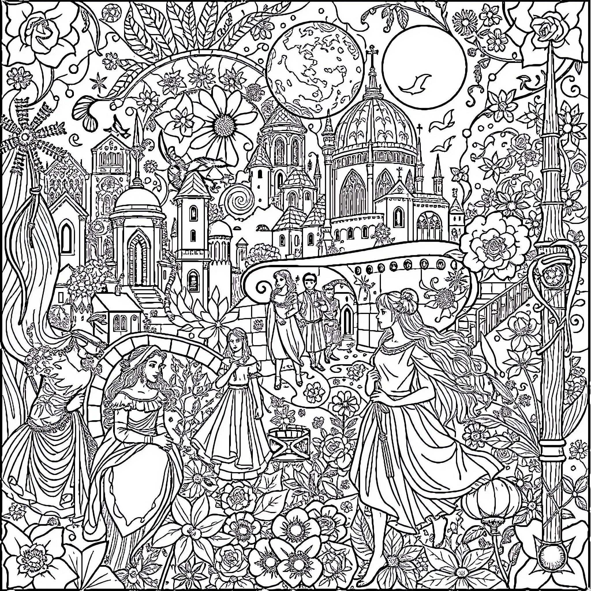 Mosaic of Whimsical Scenes and Figures Coloring Page (free black-and-white line drawing printable PDF for all, from beginners to advanced learners, including children, teens, adults, and seniors)