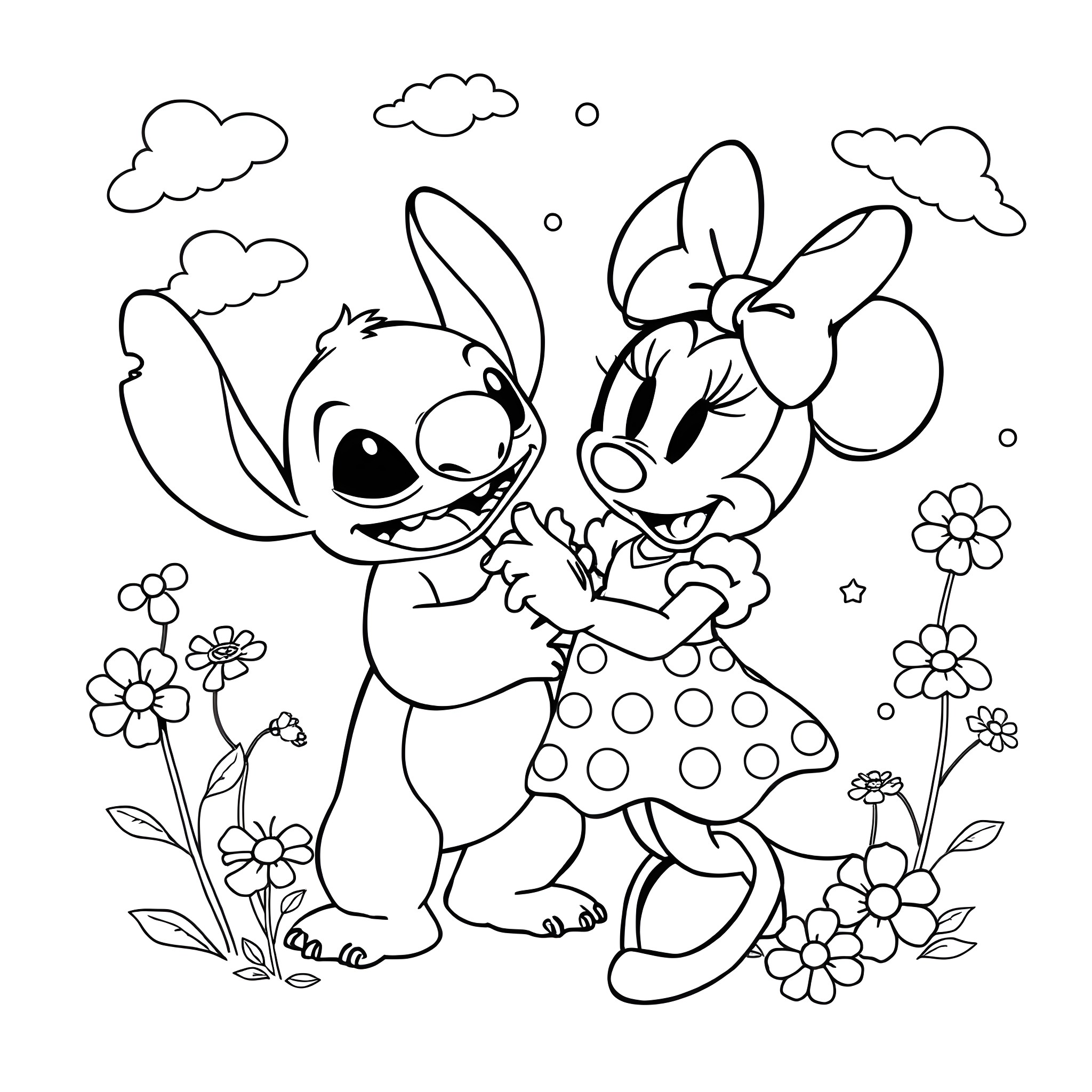 Stitch and Minnie Mouse playing together in a floral scene Coloring Page (free black-and-white line drawing printable PDF for all, from beginners to advanced learners, including children, teens, adults, and seniors)