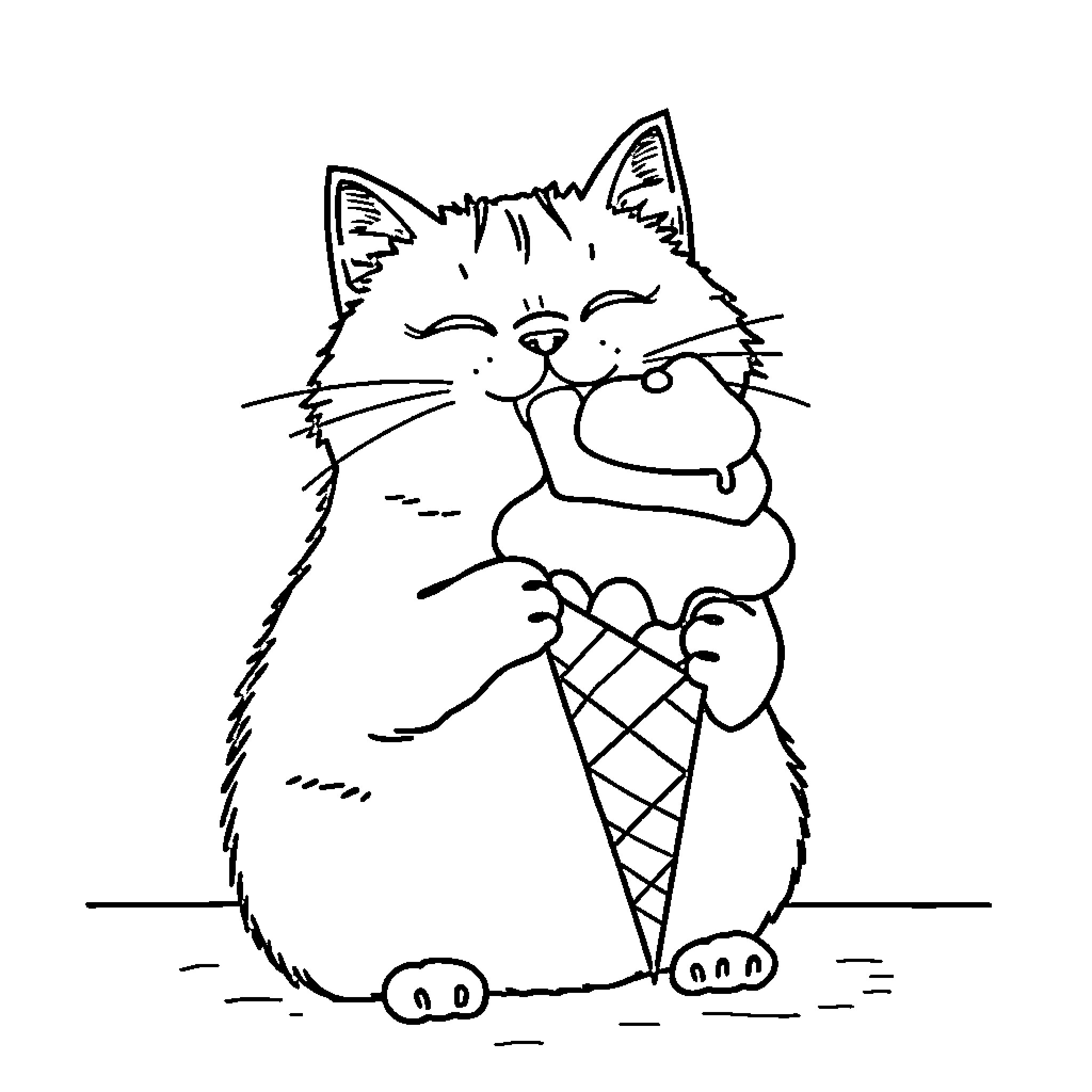 Pusheen enjoying a tasty ice cream cone Coloring Page (free black-and-white line drawing printable PDF for all, from beginners to advanced learners, including children, teens, adults, and seniors)