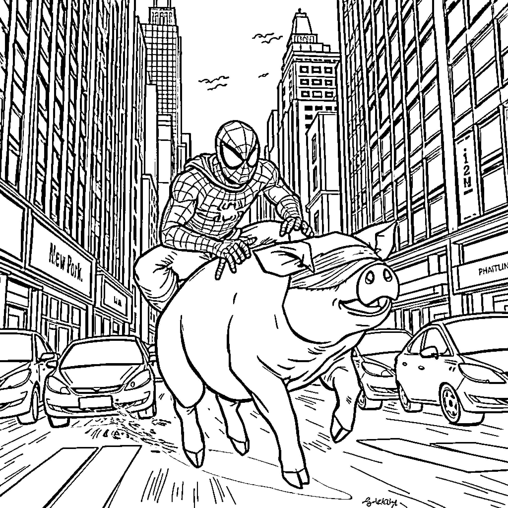 Spider-Man riding a giant pig through the city Coloring Page (free black-and-white line drawing printable PDF for all, from beginners to advanced learners, including children, teens, adults, and seniors)