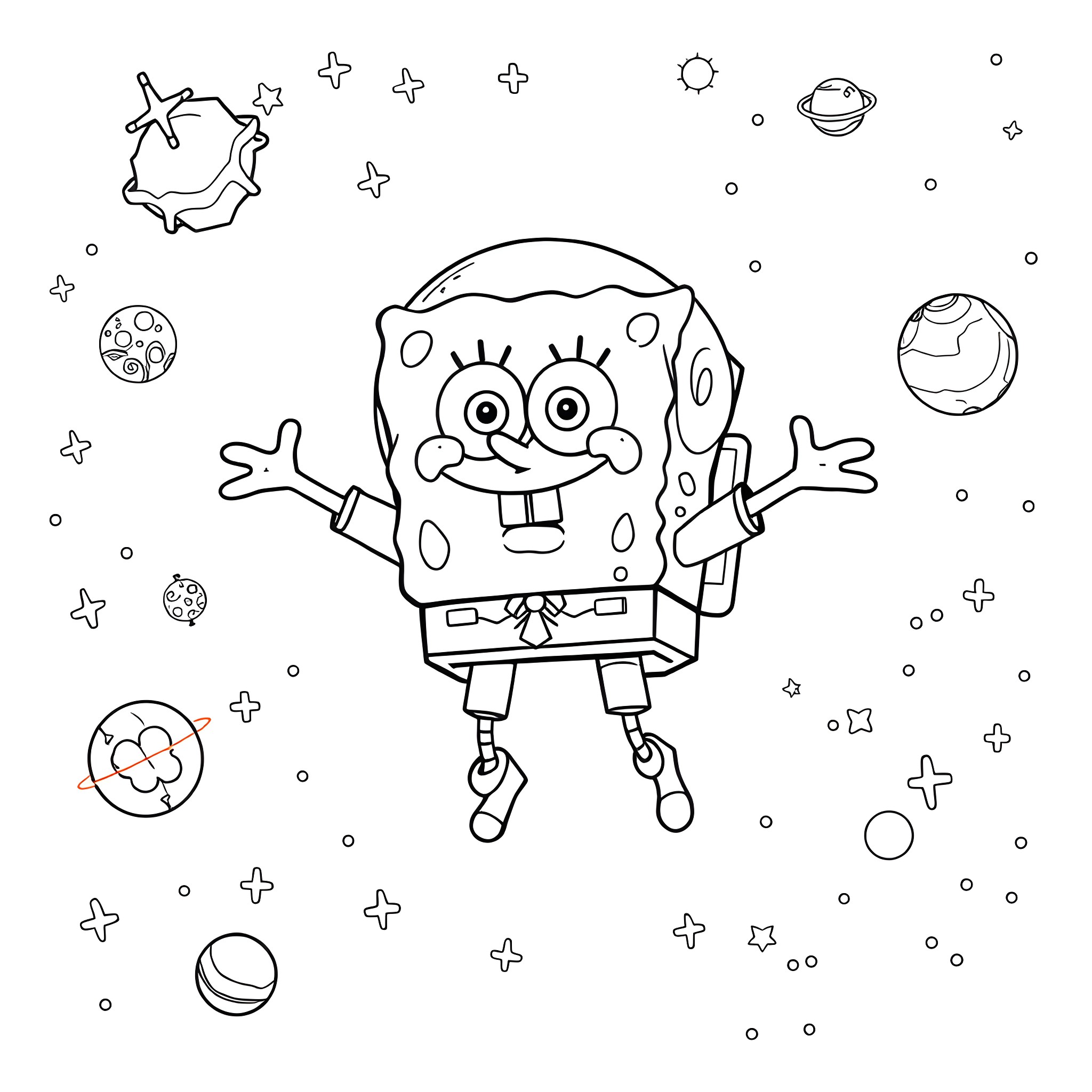 Spongebob floating in space with cosmic elements Coloring Page (free black-and-white line drawing printable PDF for all, from beginners to advanced learners, including children, teens, adults, and seniors)