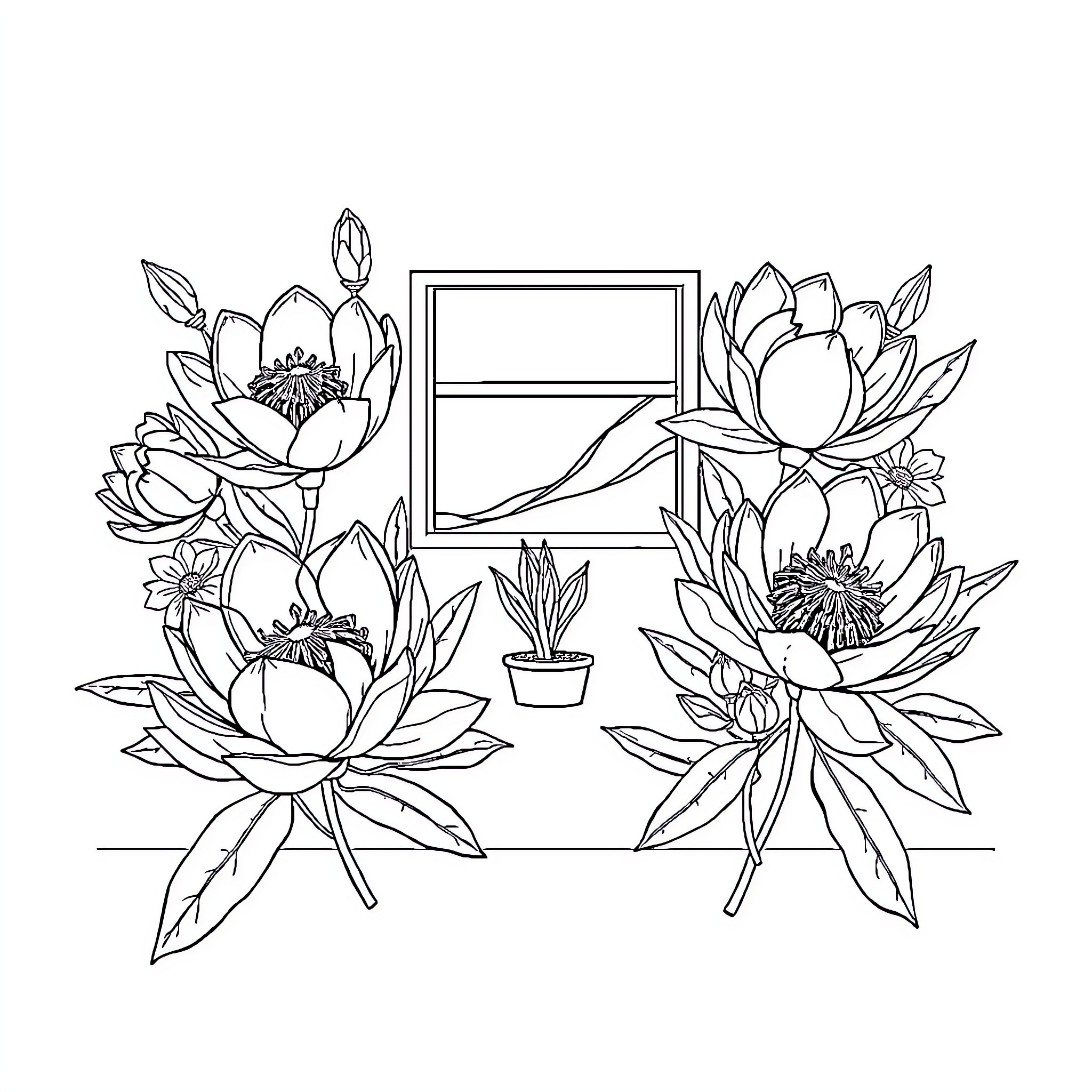 Protea flowers in a serene indoor setting Coloring Page (free black-and-white line drawing printable PDF for all, from beginners to advanced learners, including children, teens, adults, and seniors)