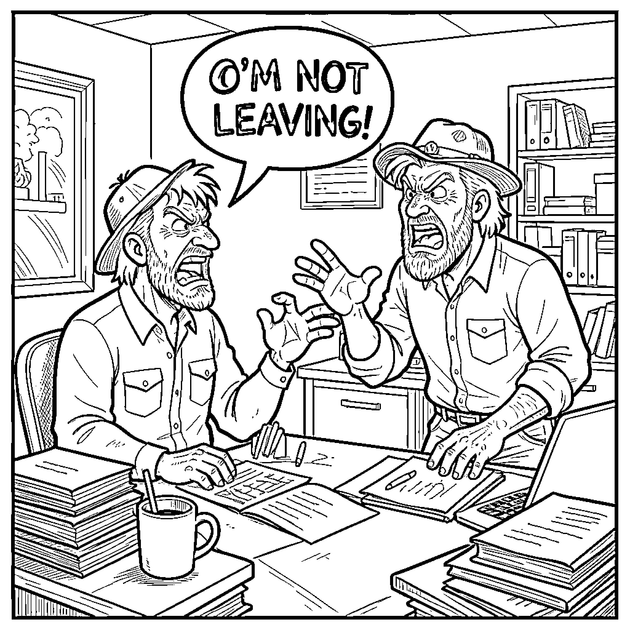 Rednecks Arguing Over Work in Office Coloring Page (free black-and-white line drawing printable PDF for all, from beginners to advanced learners, including children, teens, adults, and seniors)