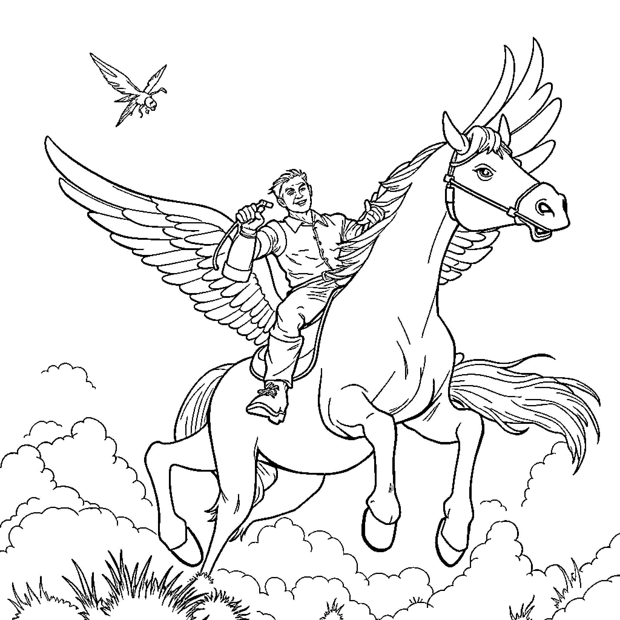 Man riding winged horse over grassy field Coloring Page (free black-and-white line drawing printable PDF for all, from beginners to advanced learners, including children, teens, adults, and seniors)