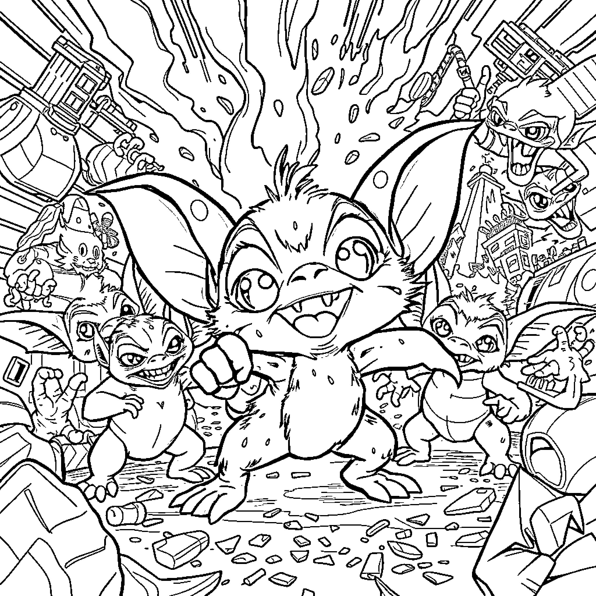 Gizmo and friends explore a chaotic, magical world Coloring Page (free black-and-white line drawing printable PDF for all, from beginners to advanced learners, including children, teens, adults, and seniors)