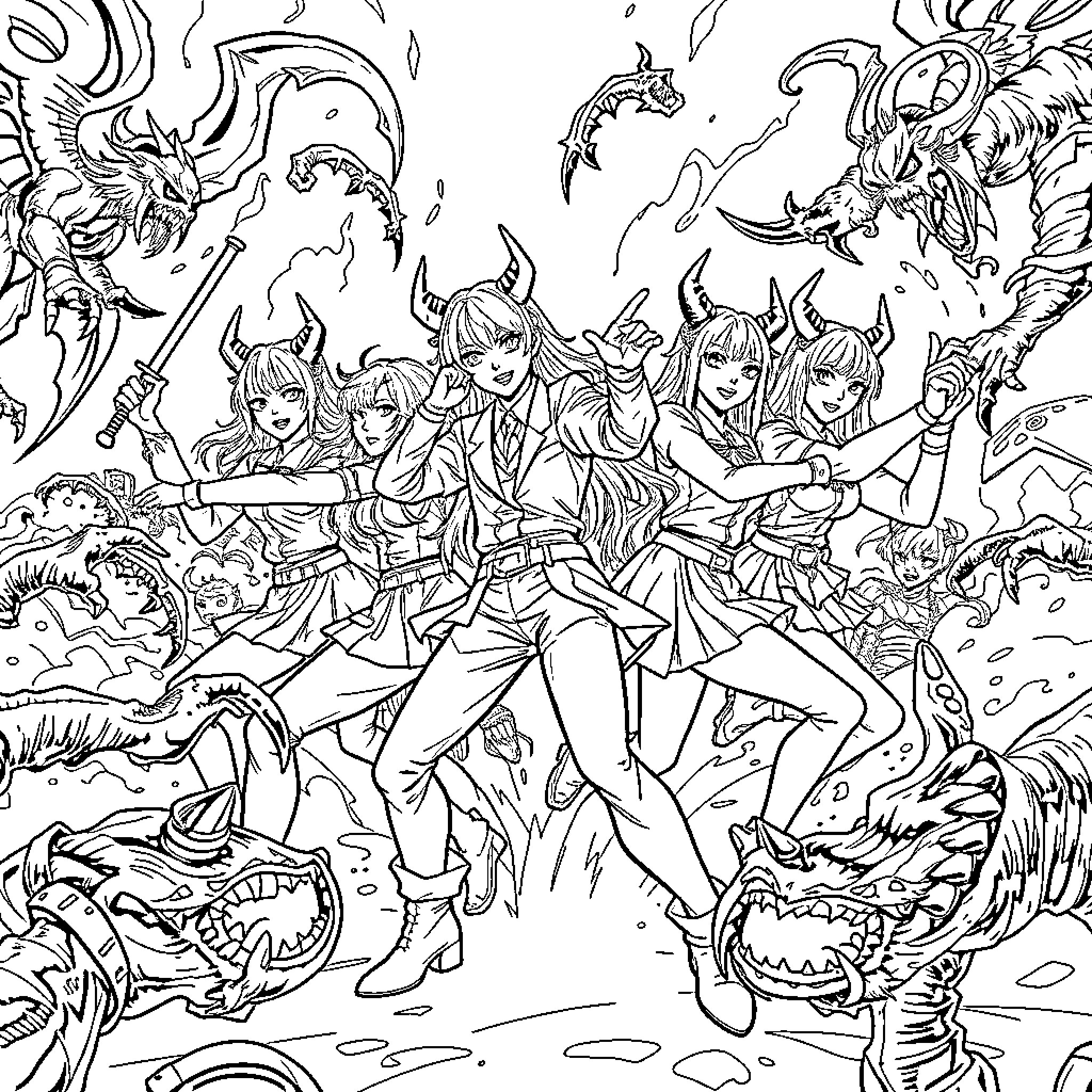 Demon Hunter: Fierce Warriors Battling Fantastical Creatures Coloring Page (free black-and-white line drawing printable PDF for all, from beginners to advanced learners, including children, teens, adults, and seniors)