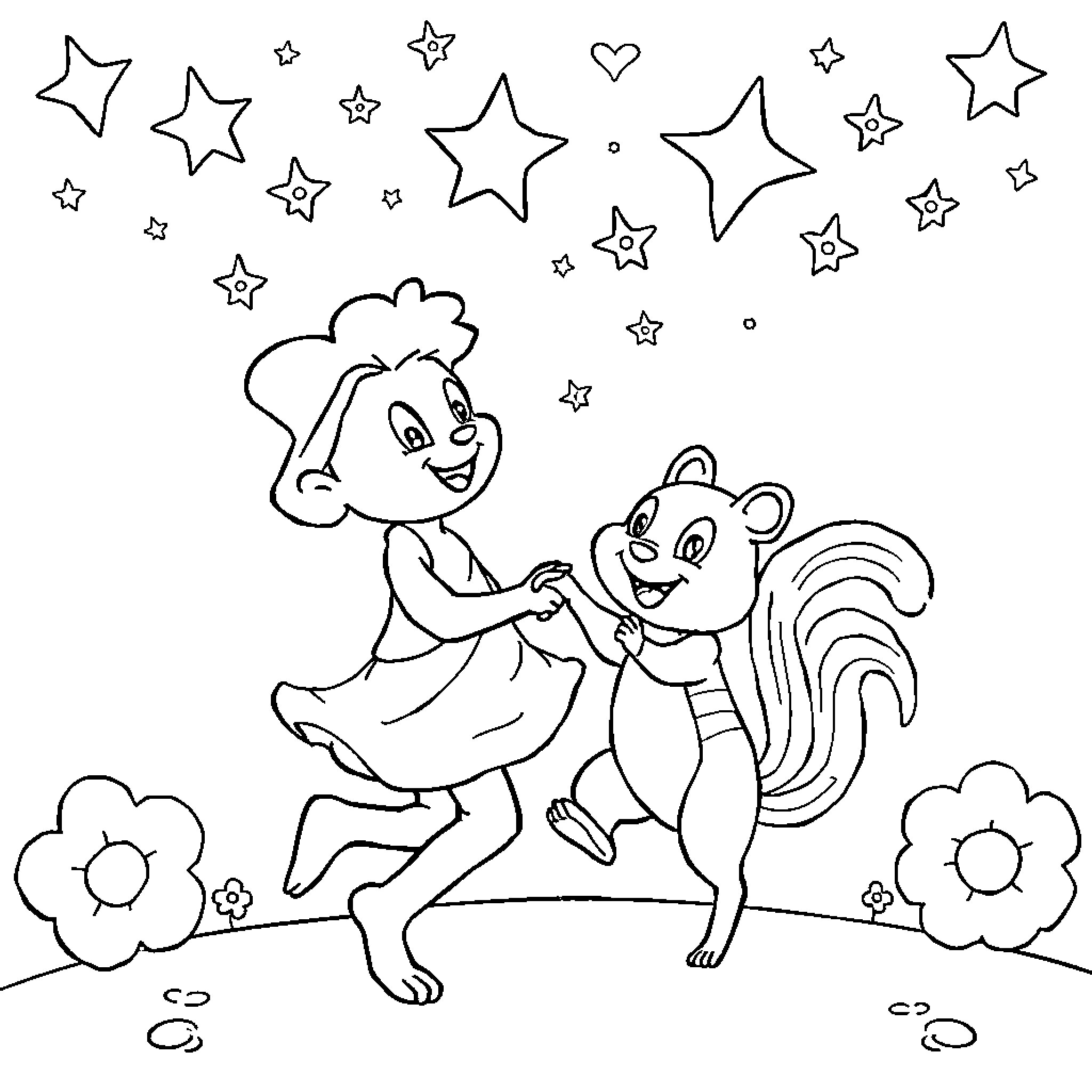 Coco and Squirrel Playing in a Starry Night Coloring Page (free black-and-white line drawing printable PDF for all, from beginners to advanced learners, including children, teens, adults, and seniors)