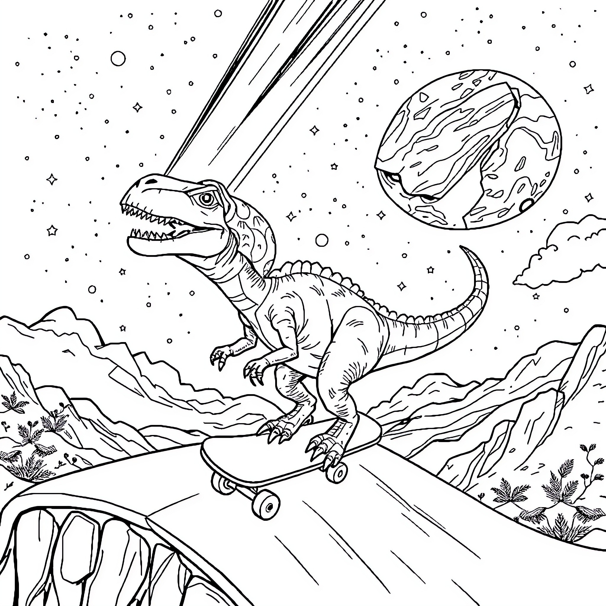 Dinosaur riding skateboard in space landscape Coloring Page (free black-and-white line drawing printable PDF for all, from beginners to advanced learners, including children, teens, adults, and seniors)