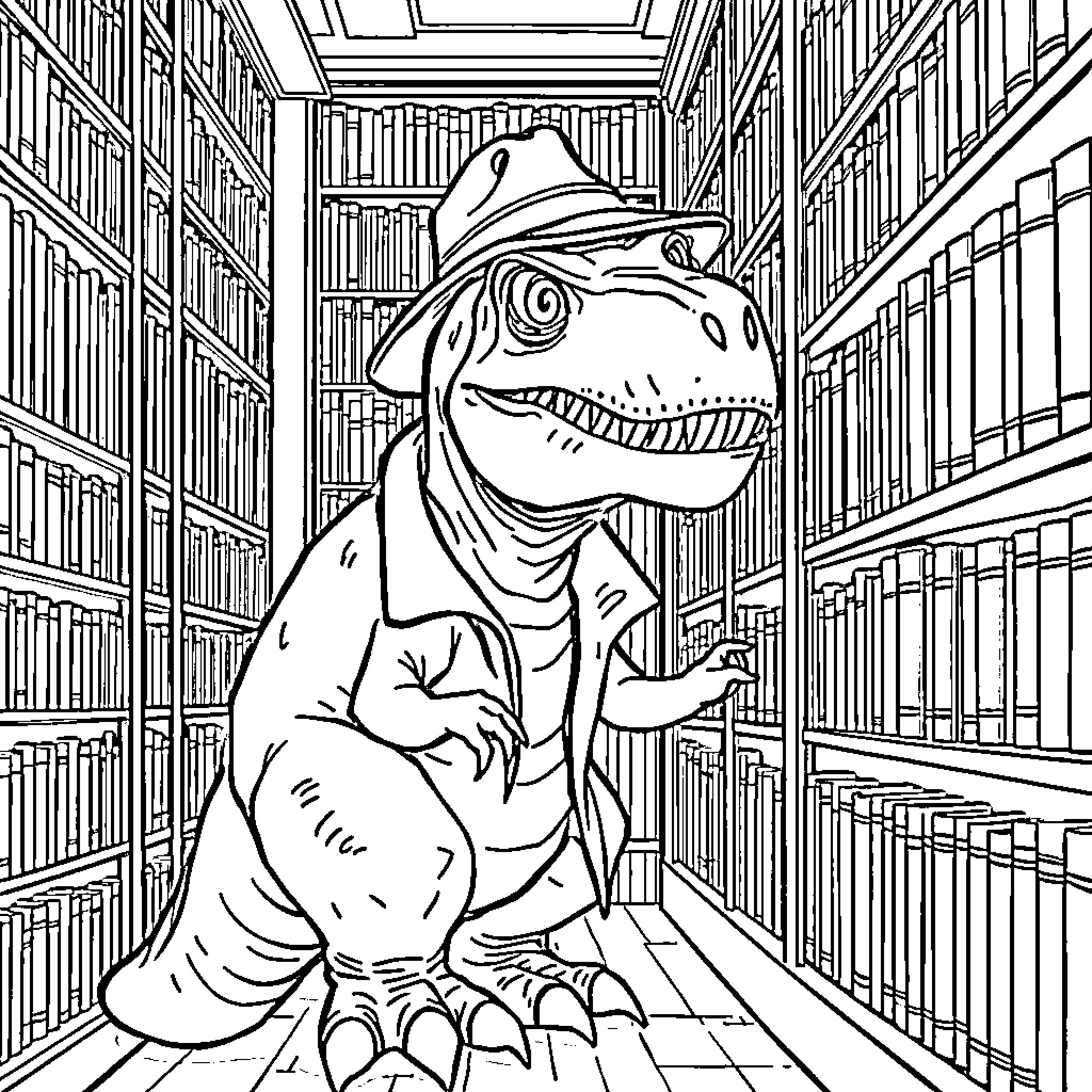 T-Rex Exploring the Library Shelves Coloring Page (free black-and-white line drawing printable PDF for all, from beginners to advanced learners, including children, teens, adults, and seniors)
