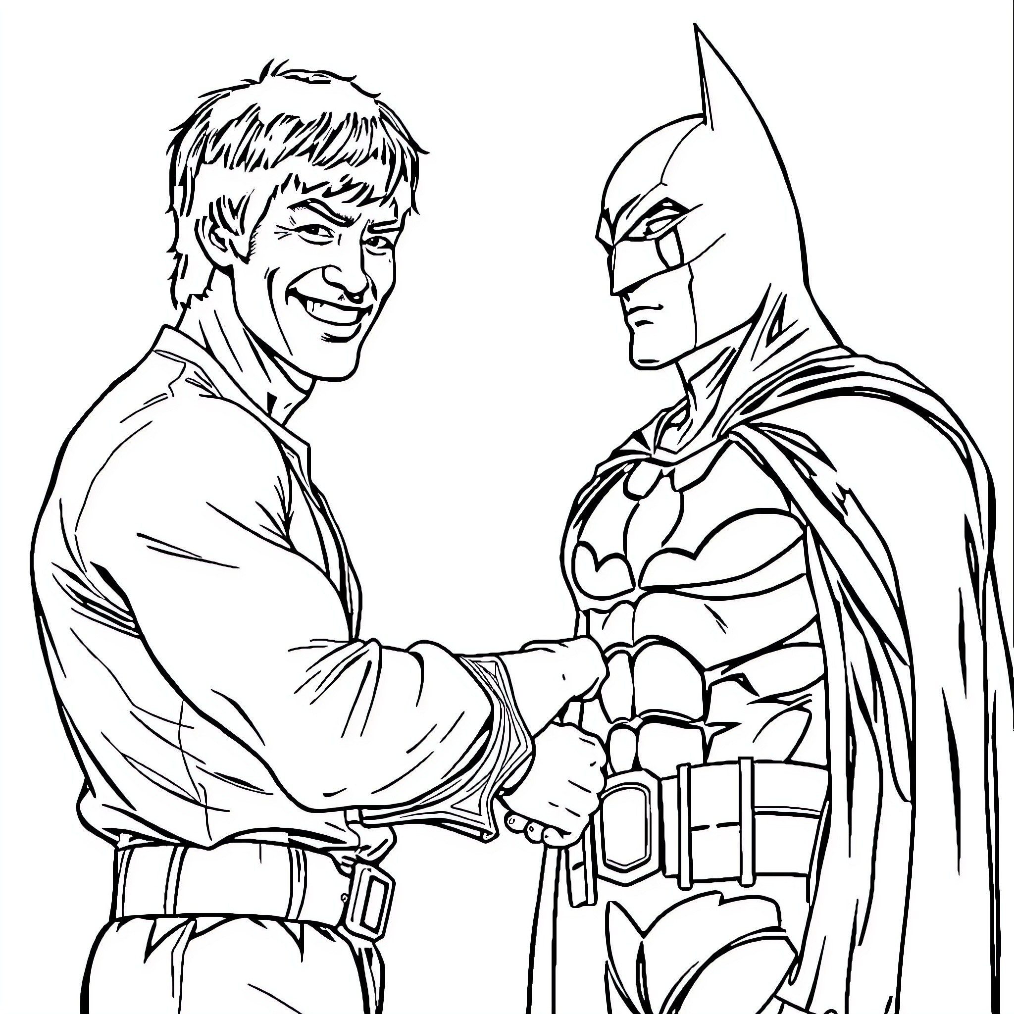 Bruce Lee and Batman in intense handshake Coloring Page (free black-and-white line drawing printable PDF for all, from beginners to advanced learners, including children, teens, adults, and seniors)