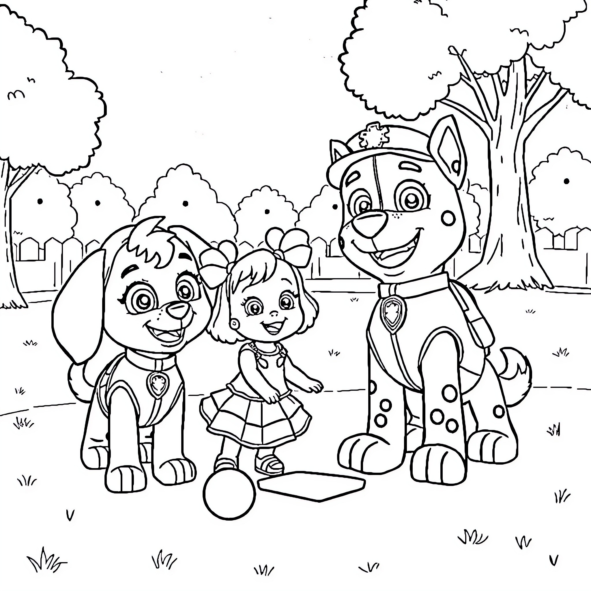 Paw Patrol characters having fun in the park Coloring Page (free black-and-white line drawing printable PDF for all, from beginners to advanced learners, including children, teens, adults, and seniors)