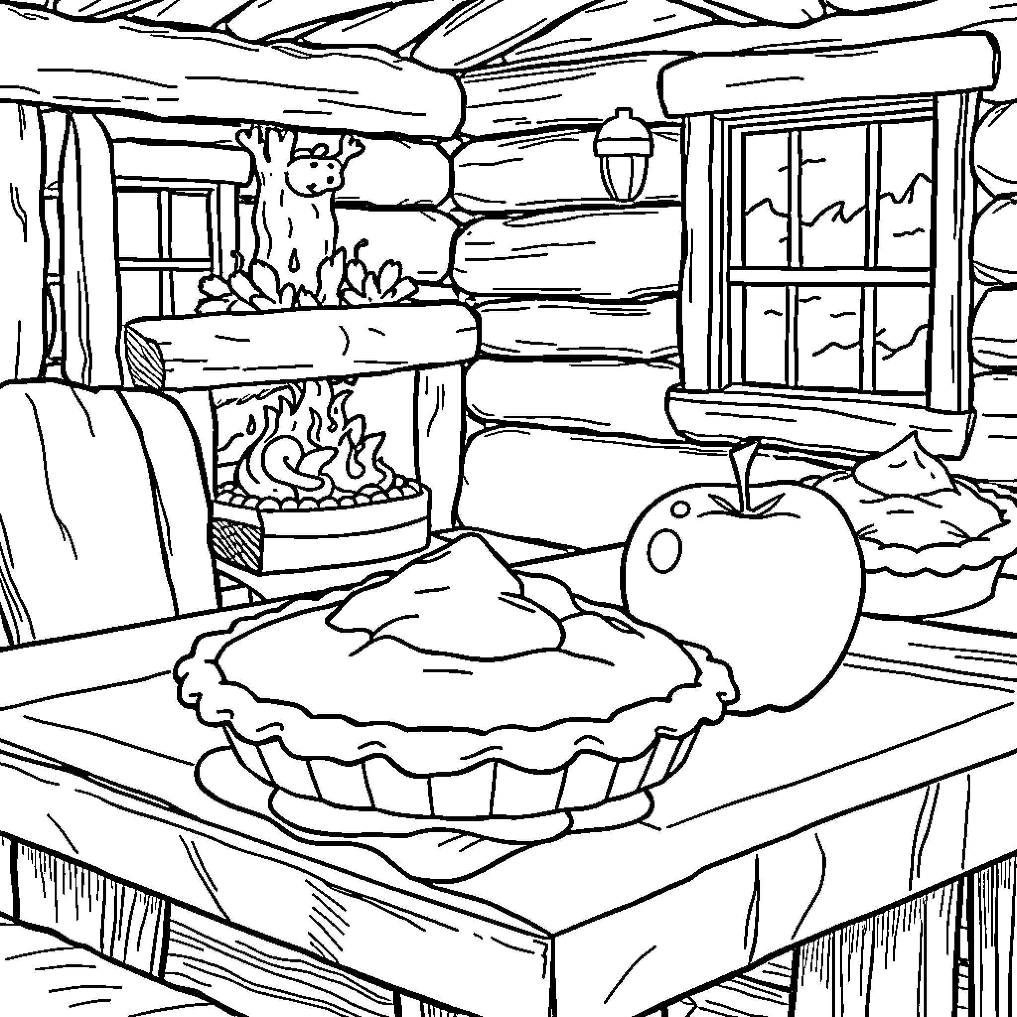Pie in Cozy Log Cabin Interior Coloring Page (free black-and-white line drawing printable PDF for all, from beginners to advanced learners, including children, teens, adults, and seniors)