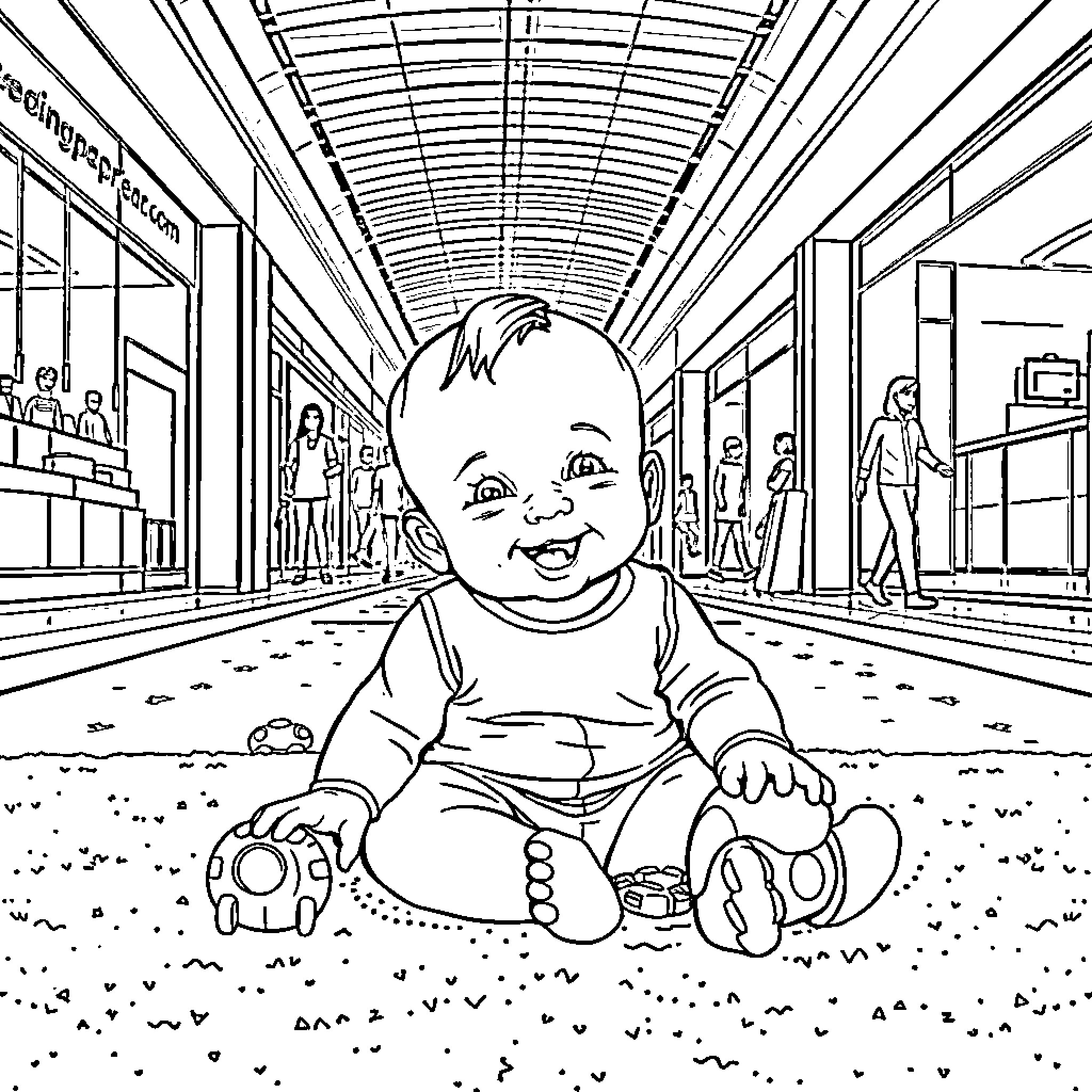 Baby Enjoying a Playful Moment in the Mall Coloring Page (free black-and-white line drawing printable PDF for all, from beginners to advanced learners, including children, teens, adults, and seniors)