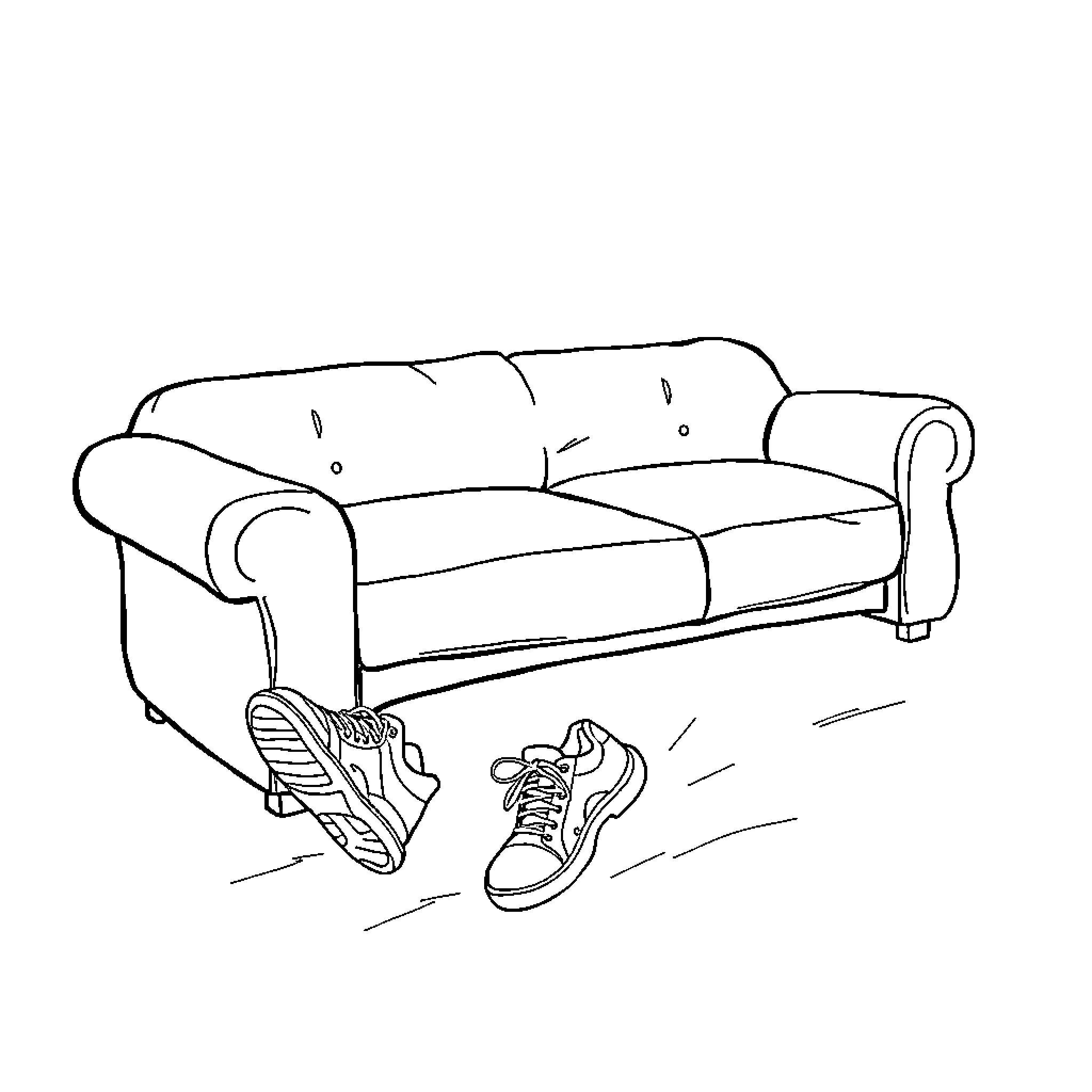 Couch with casual footwear and attire Coloring Page (free black-and-white line drawing printable PDF for all, from beginners to advanced learners, including children, teens, adults, and seniors)