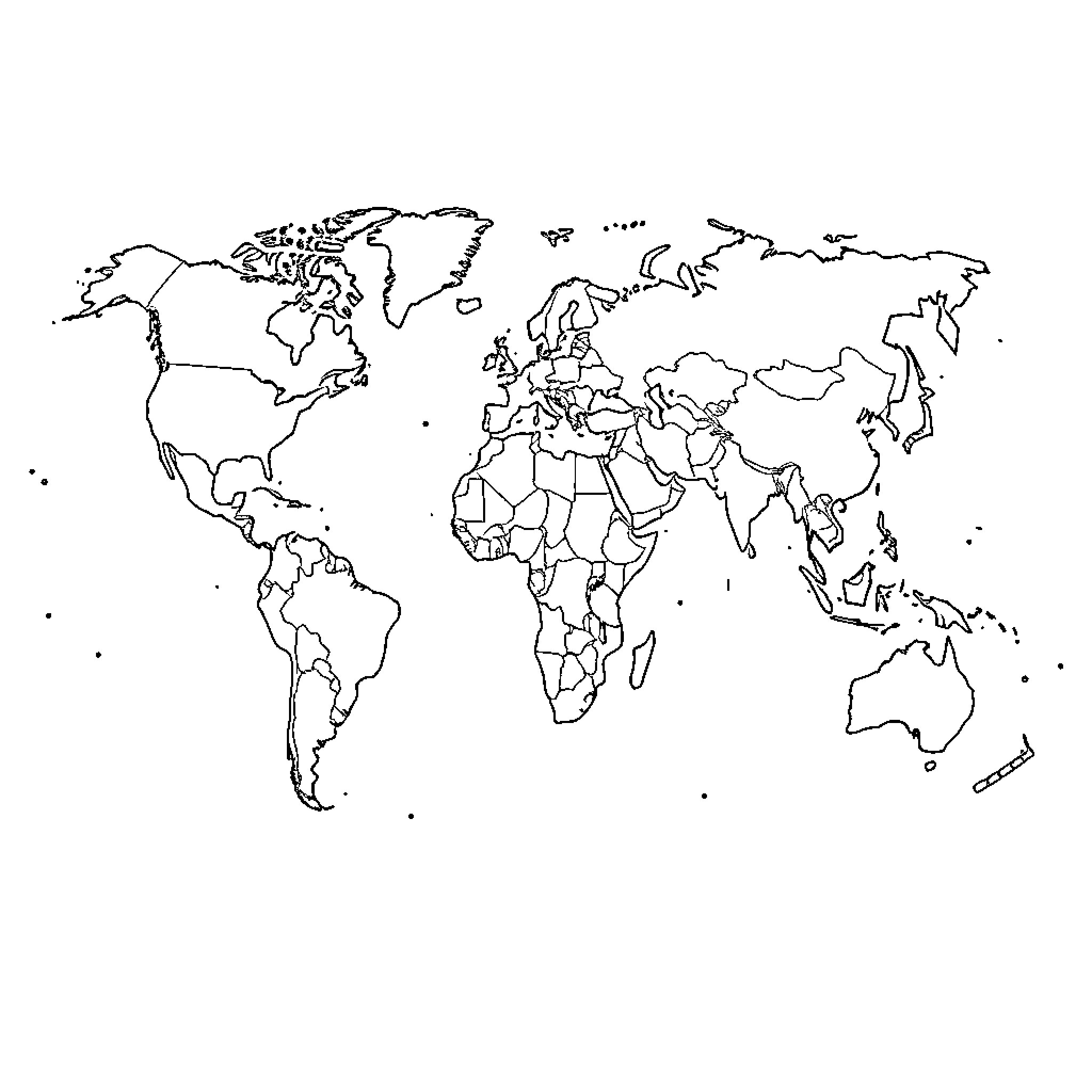 World Map with Outline of Continents Coloring Page (free black-and-white line drawing printable PDF for all, from beginners to advanced learners, including children, teens, adults, and seniors)