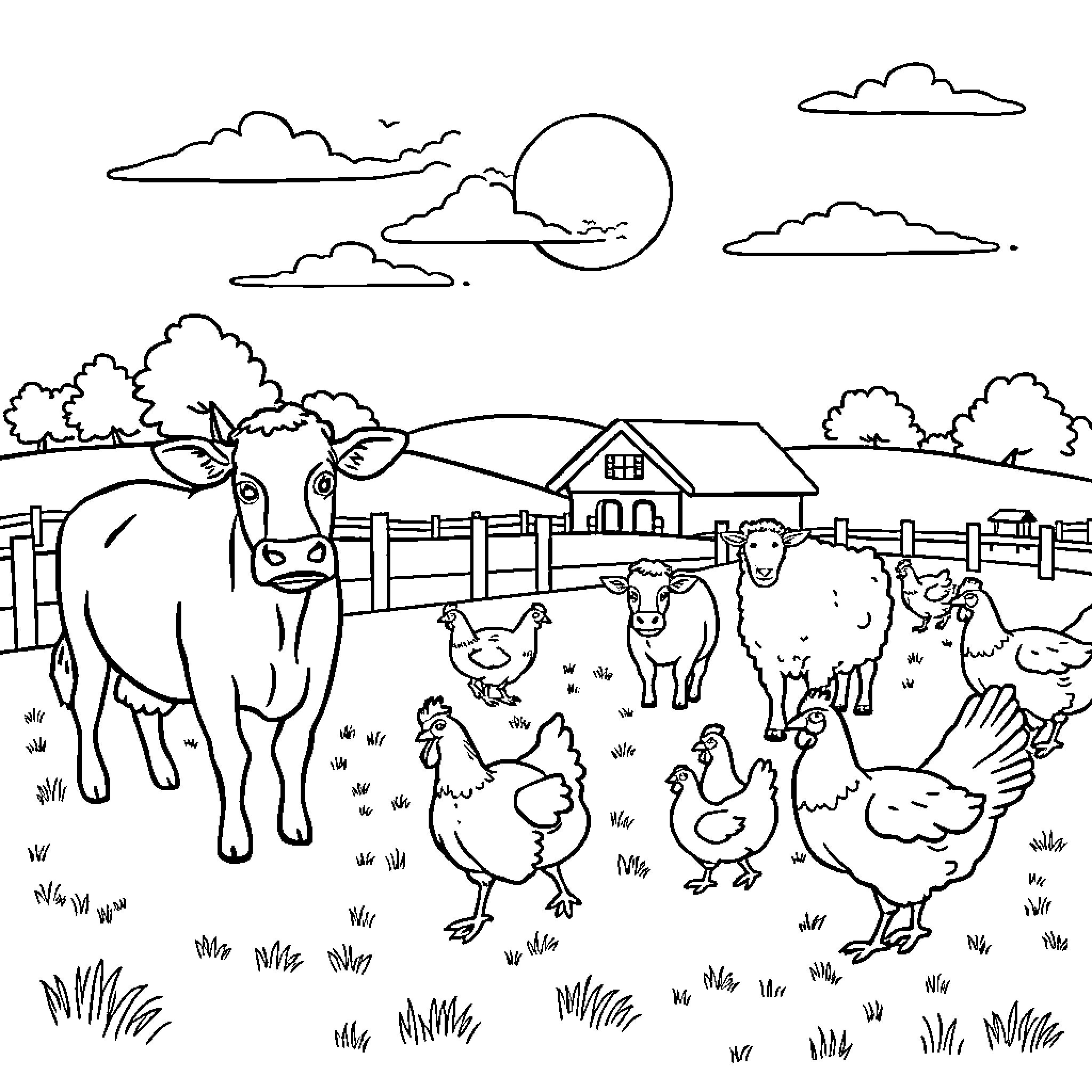 Farm Animal Gathering on a Scenic Rural Landscape Coloring Page (free black-and-white line drawing printable PDF for all, from beginners to advanced learners, including children, teens, adults, and seniors)