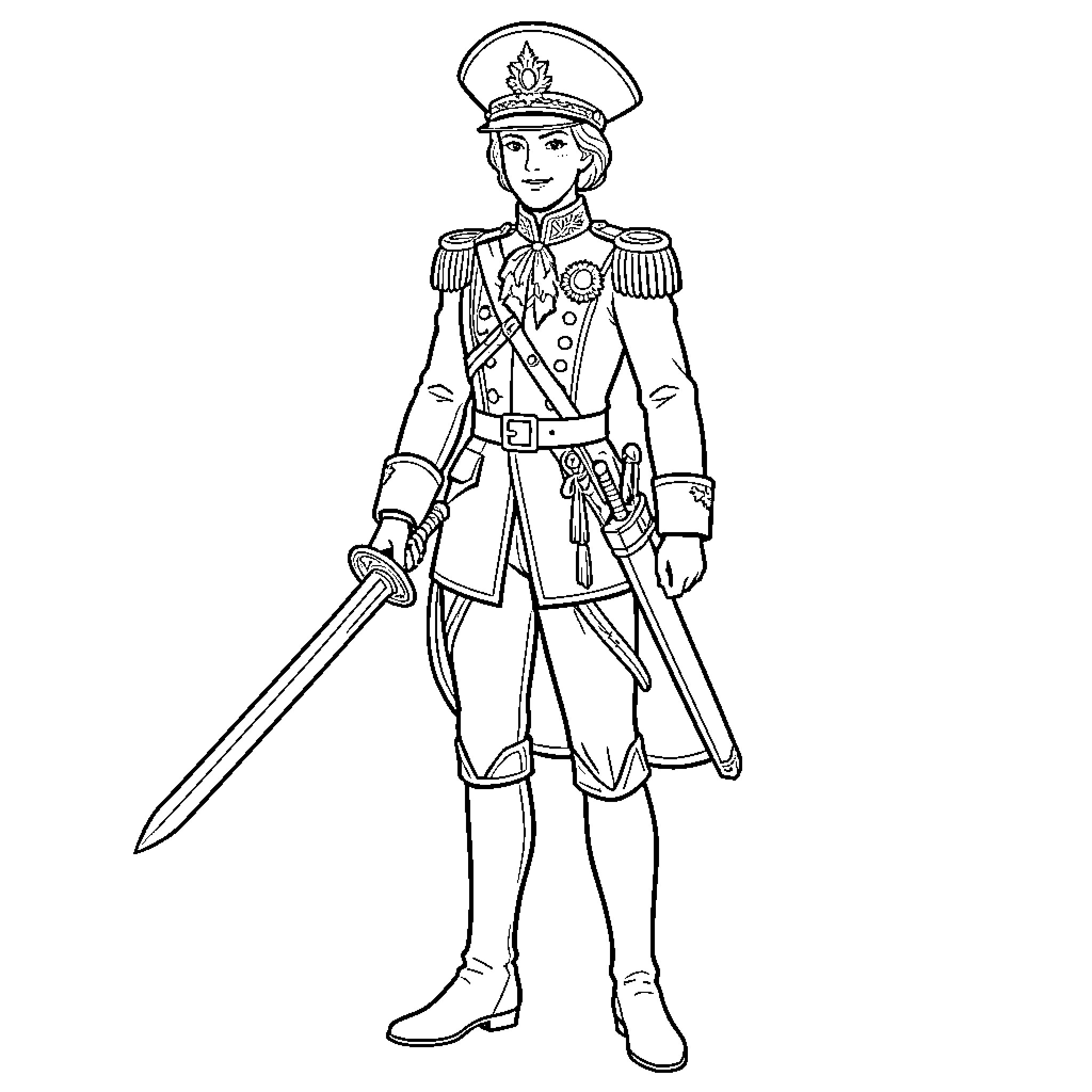 Oscar standing proudly in a military officer uniform Coloring Page (free black-and-white line drawing printable PDF for all, from beginners to advanced learners, including children, teens, adults, and seniors)