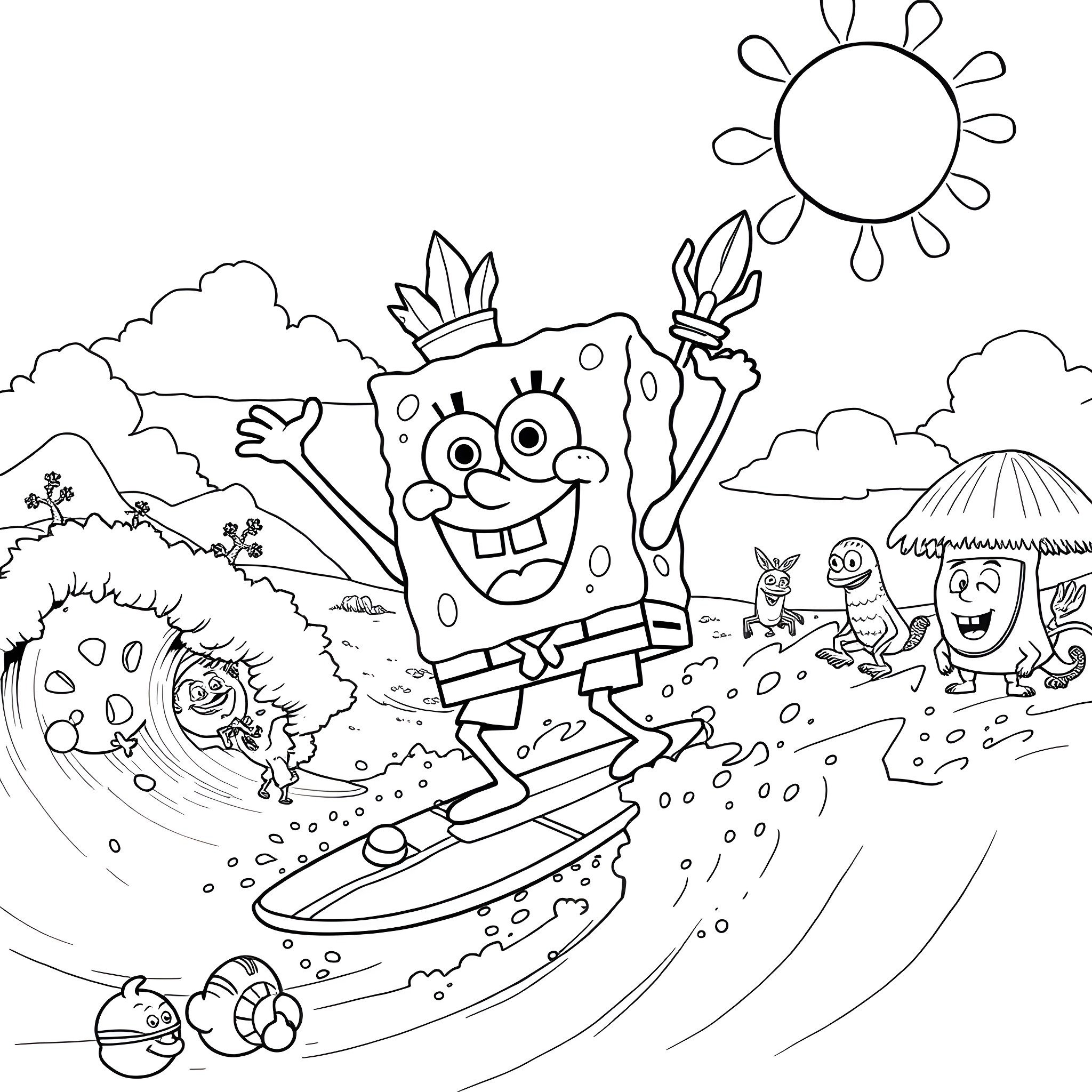 Spongebob surfing with friends in an outdoor adventure Coloring Page (free black-and-white line drawing printable PDF for all, from beginners to advanced learners, including children, teens, adults, and seniors)