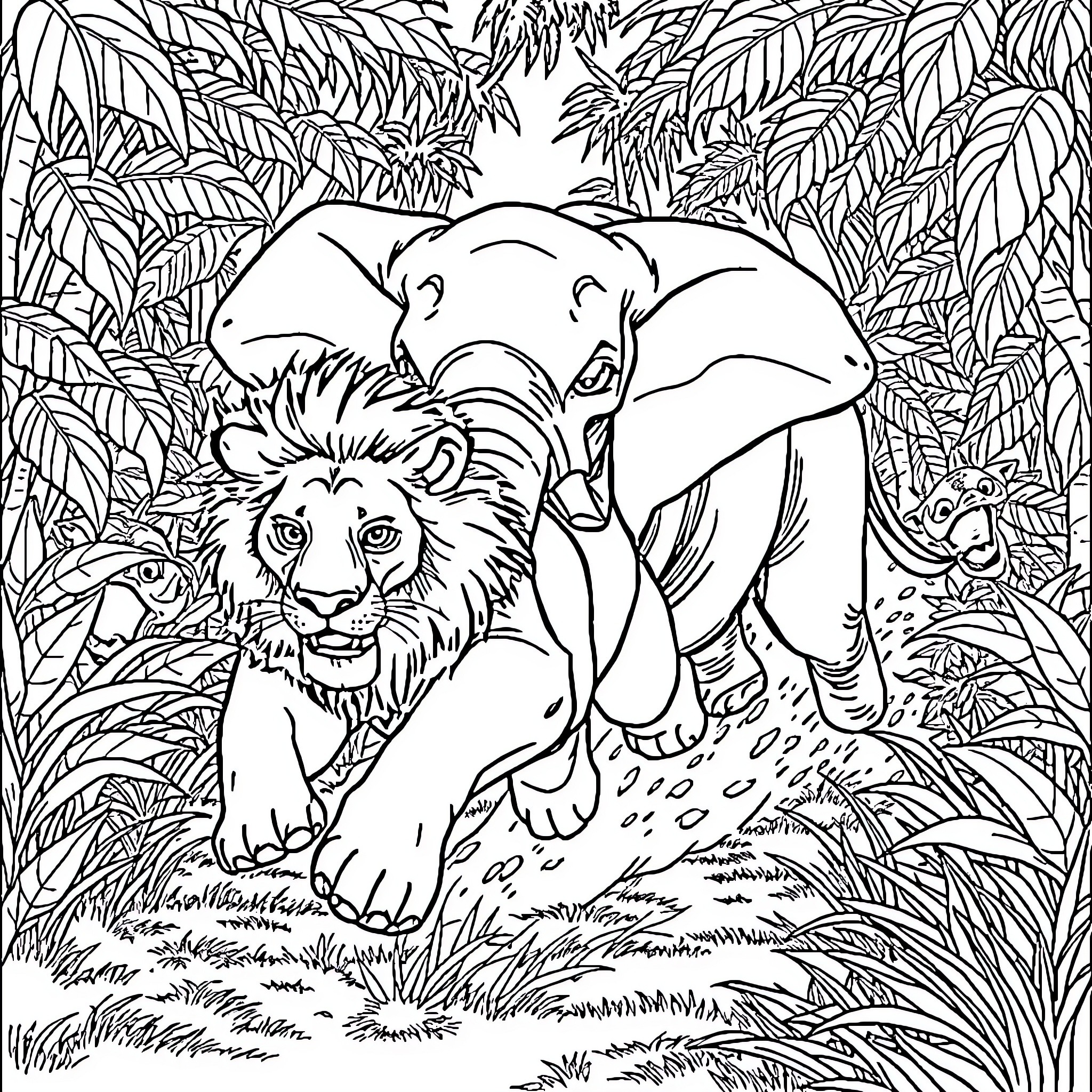 Lion and Elephant in Lush Jungle Landscape Coloring Page (free black-and-white line drawing printable PDF for all, from beginners to advanced learners, including children, teens, adults, and seniors)