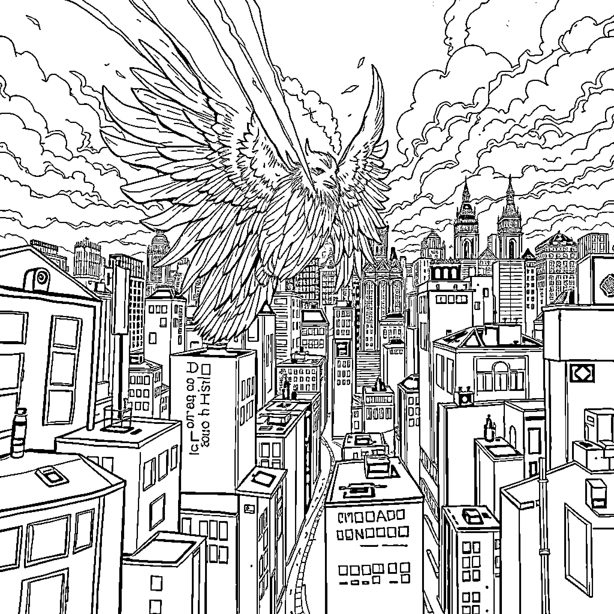 UFO Soaring Over Futuristic Cityscape with Winged Creature Coloring Page (free black-and-white line drawing printable PDF for all, from beginners to advanced learners, including children, teens, adults, and seniors)