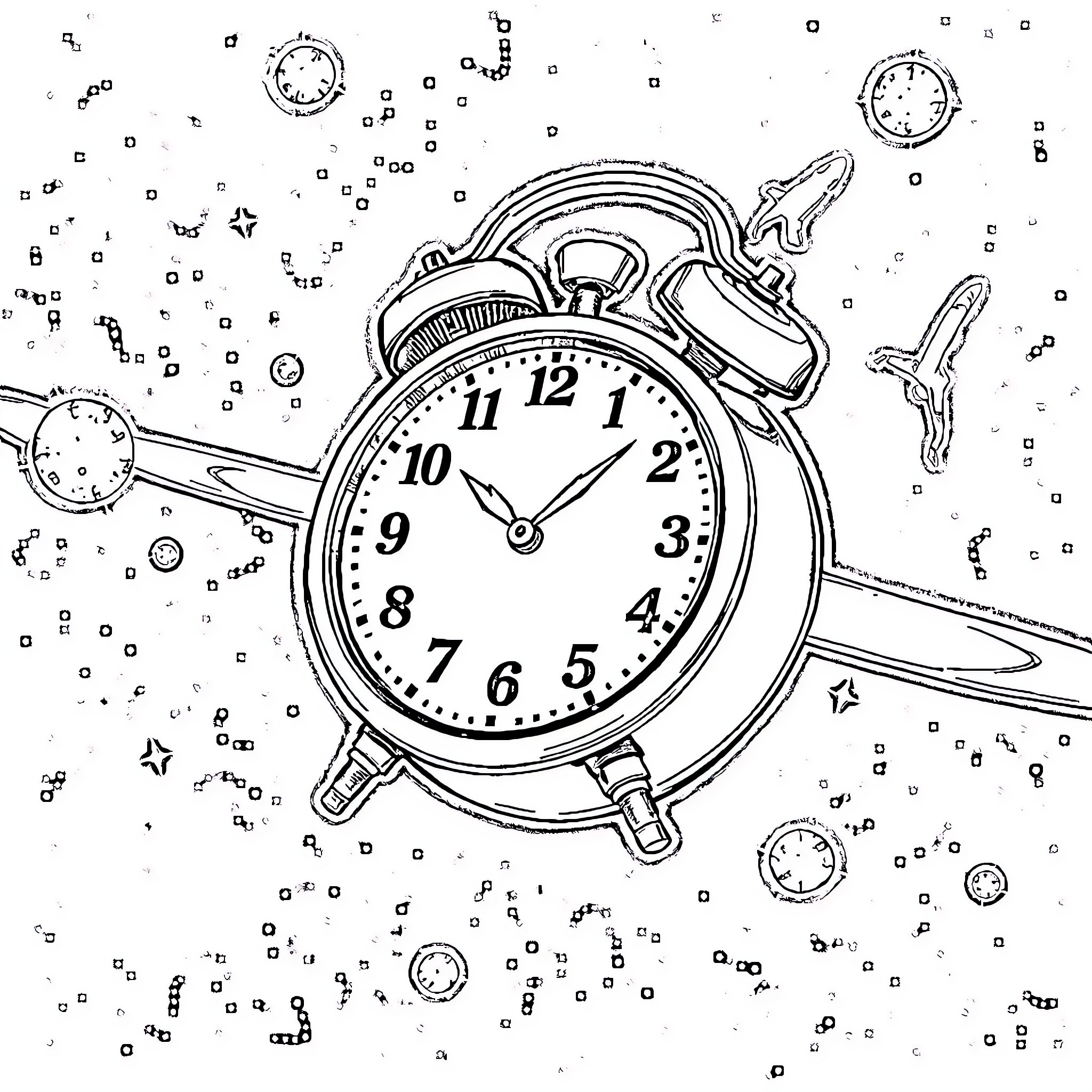 Clock floating amidst geometric shapes Coloring Page (free black-and-white line drawing printable PDF for all, from beginners to advanced learners, including children, teens, adults, and seniors)