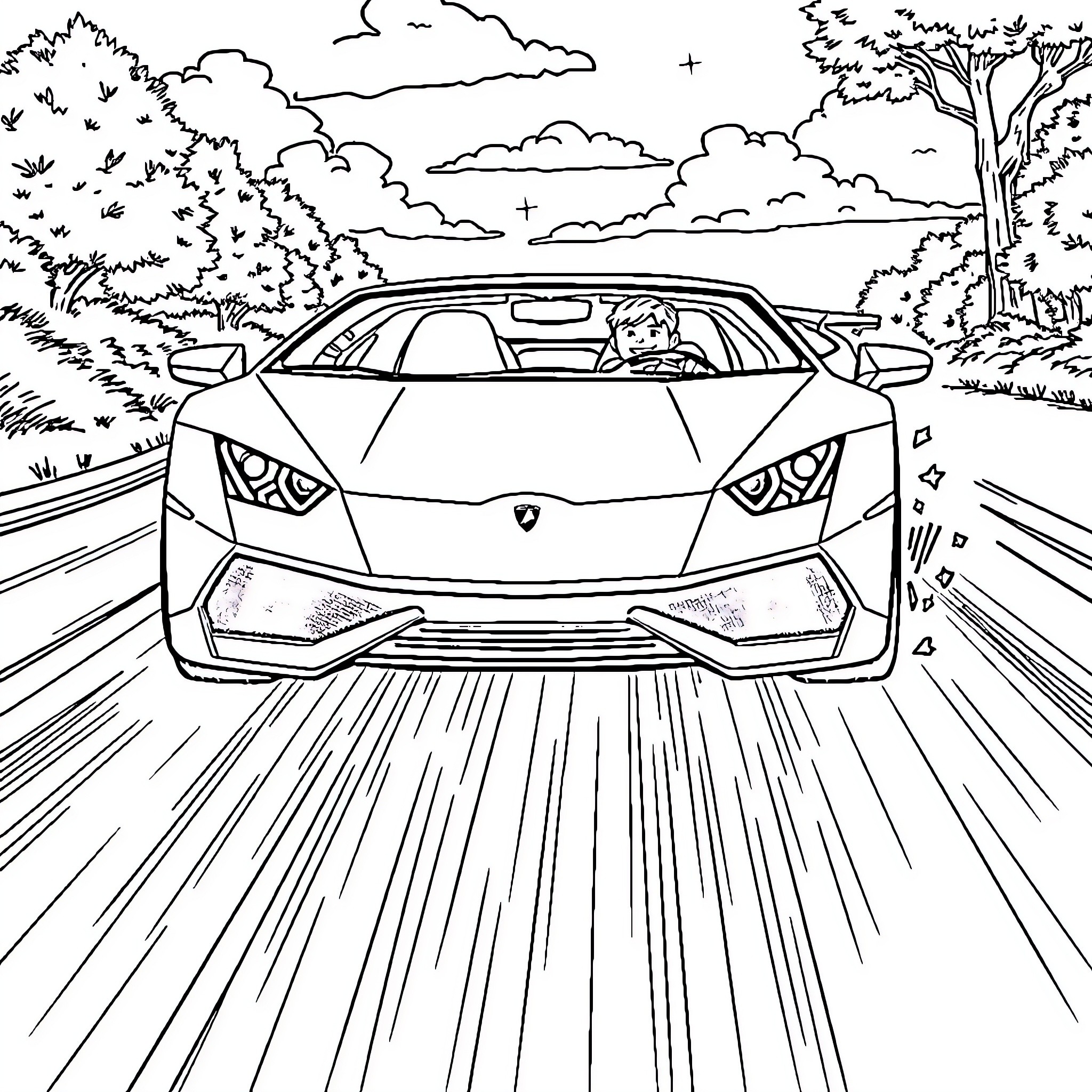 Lamborghini speeding through scenic countryside Coloring Page (free black-and-white line drawing printable PDF for all, from beginners to advanced learners, including children, teens, adults, and seniors)