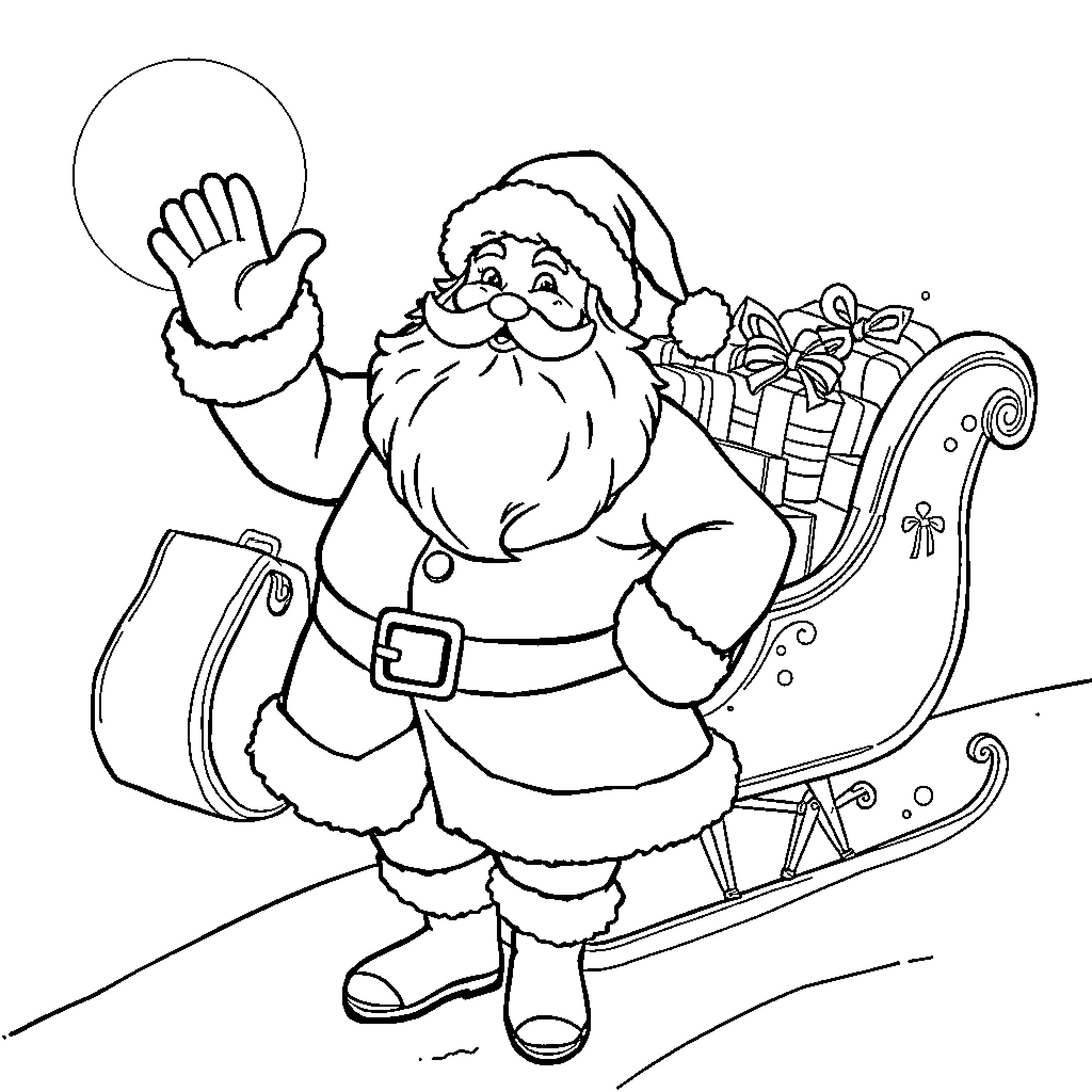 Santa Claus waving and riding a sleigh with gifts Coloring Page (free black-and-white line drawing printable PDF for all, from beginners to advanced learners, including children, teens, adults, and seniors)