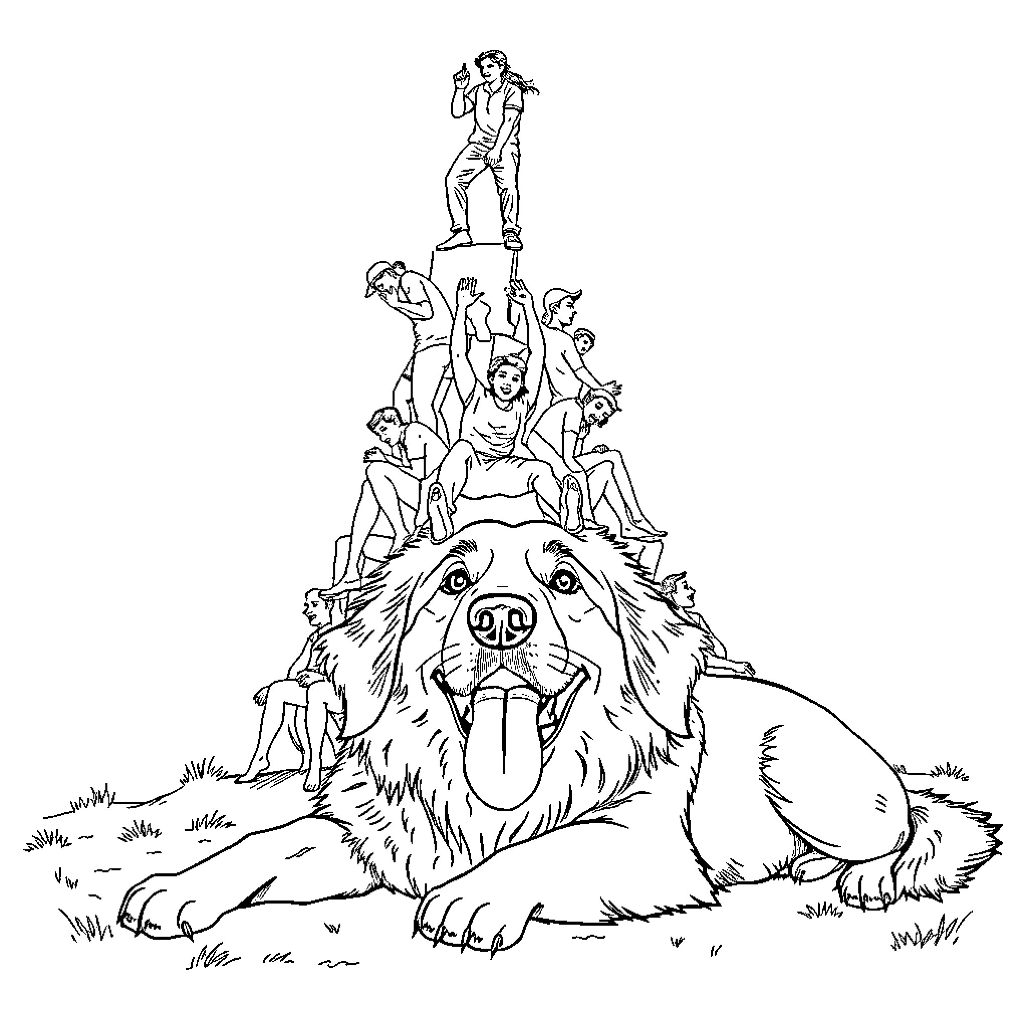 Human figures climbing on a large friendly dog Coloring Page (free black-and-white line drawing printable PDF for all, from beginners to advanced learners, including children, teens, adults, and seniors)