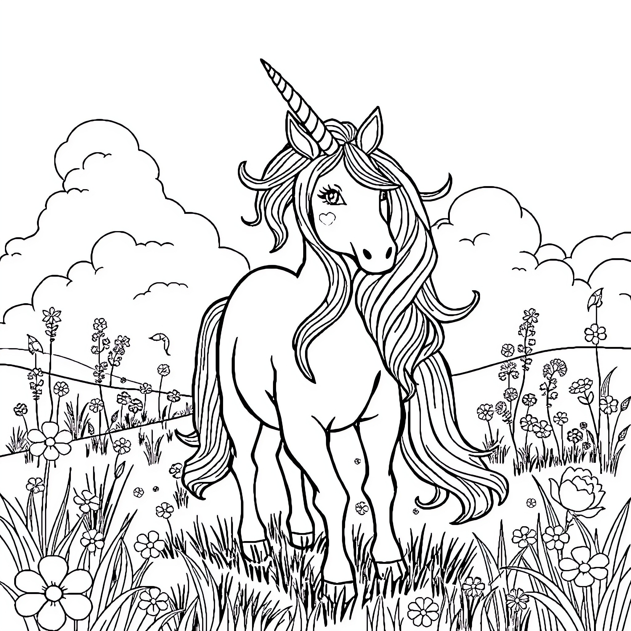 Unicorn standing amidst a magical meadow Coloring Page (free black-and-white line drawing printable PDF for all, from beginners to advanced learners, including children, teens, adults, and seniors)
