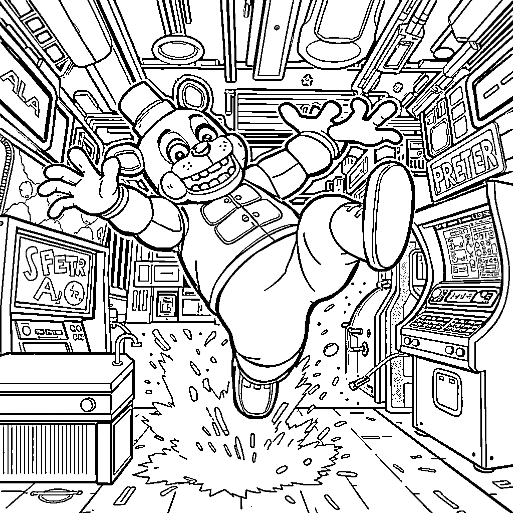 Freddy Fazbear in a Lively Arcade Scene Coloring Page (free black-and-white line drawing printable PDF for all, from beginners to advanced learners, including children, teens, adults, and seniors)