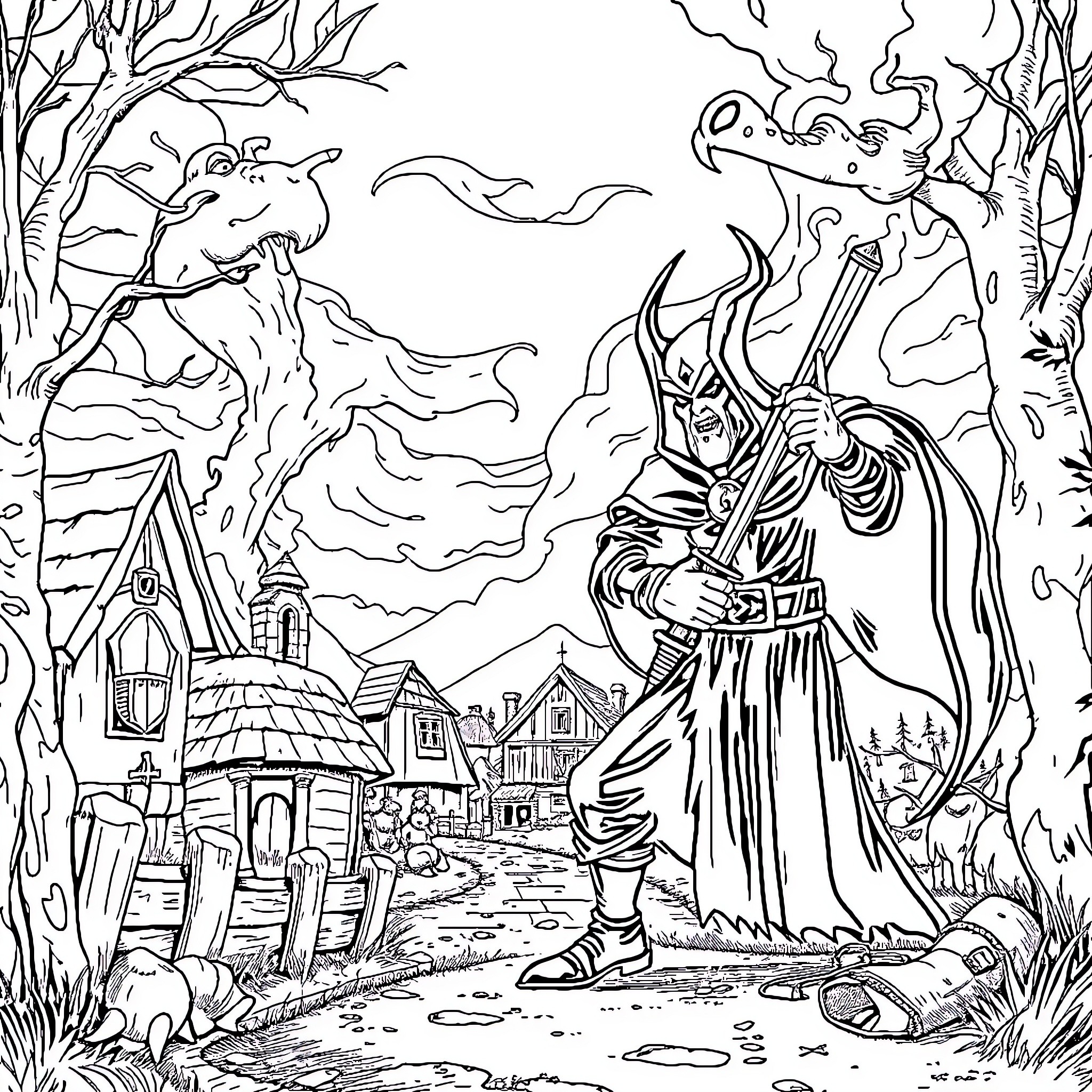 Warden Battling Supernatural Forces in a Haunted Village Coloring Page (free black-and-white line drawing printable PDF for all, from beginners to advanced learners, including children, teens, adults, and seniors)