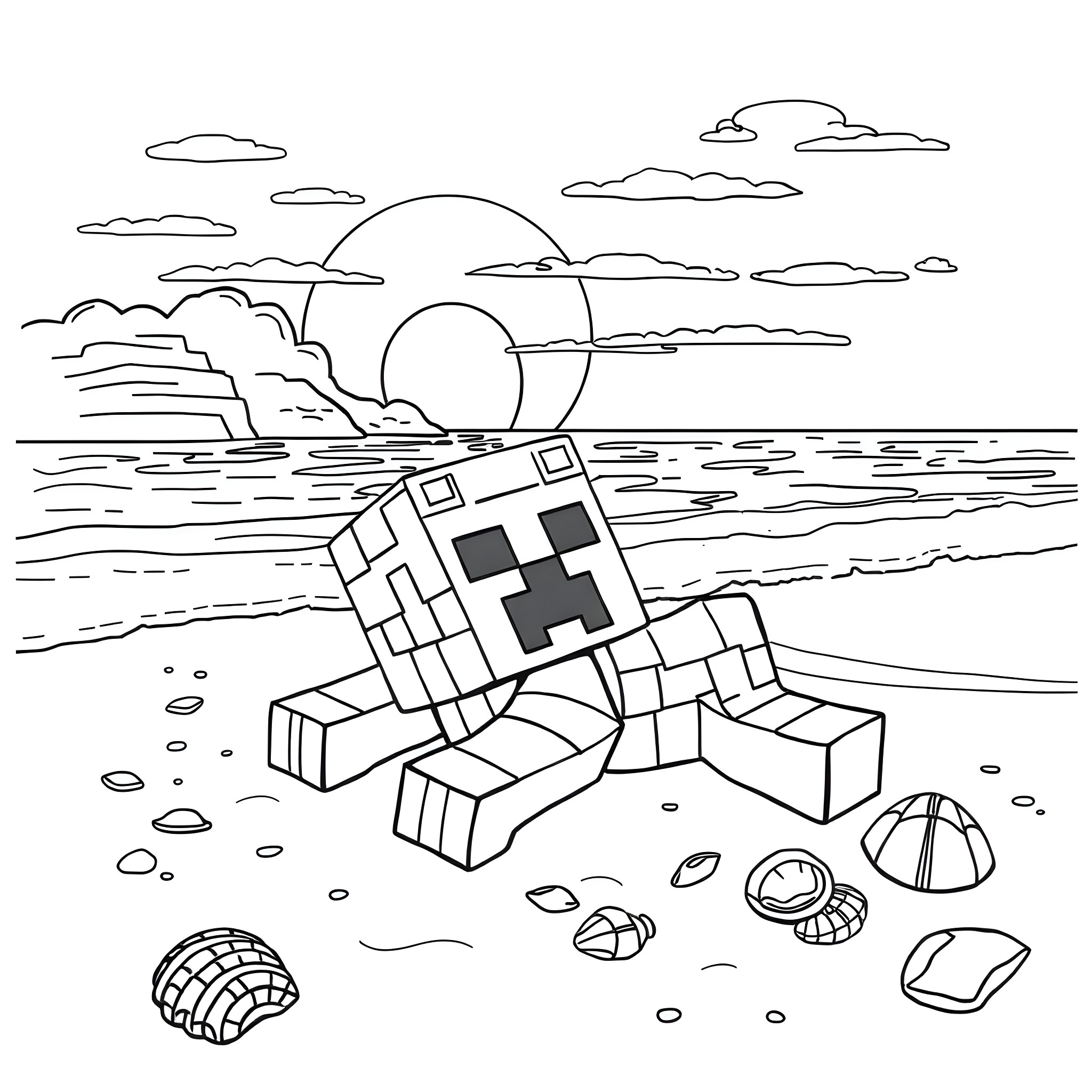 Creeper on the Beachfront Coloring Page (free black-and-white line drawing printable PDF for all, from beginners to advanced learners, including children, teens, adults, and seniors)