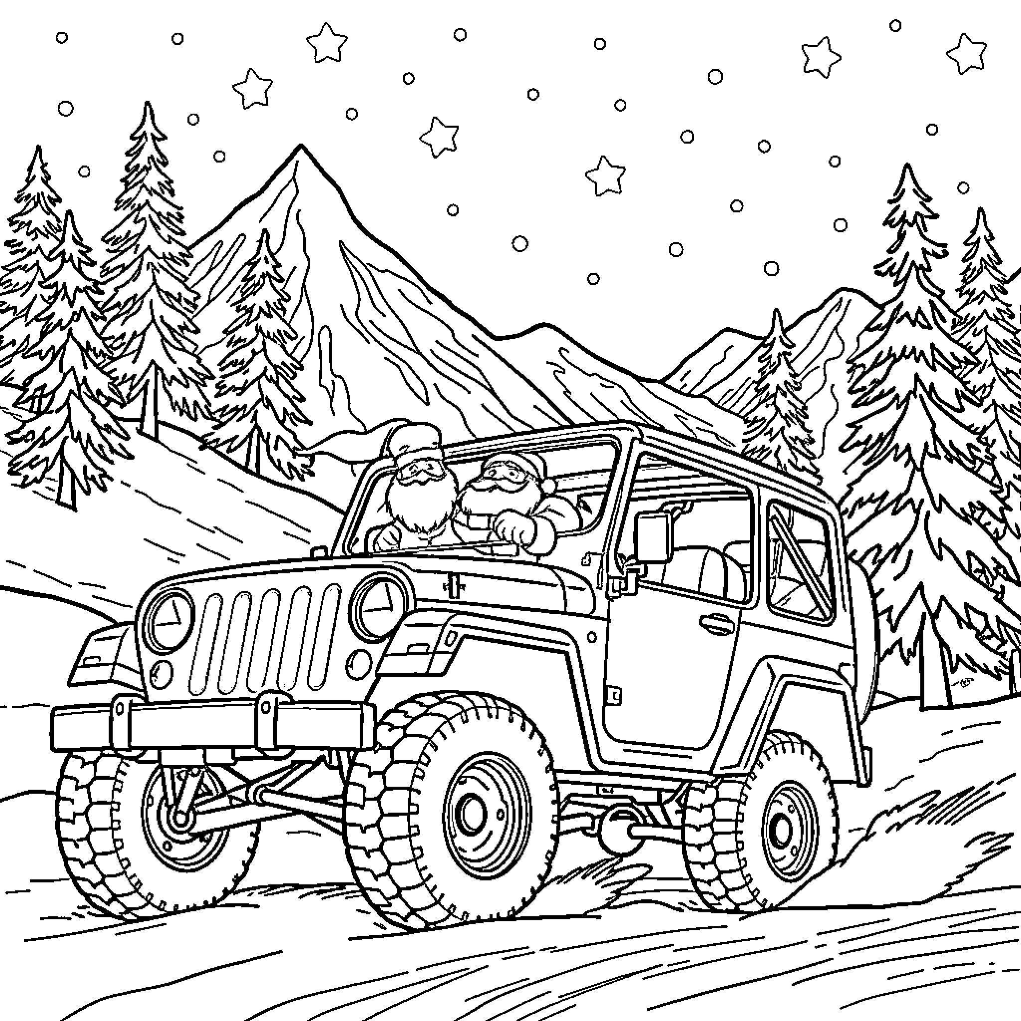 Santa's Snowy Jeep Adventure Coloring Page (free black-and-white line drawing printable PDF for all, from beginners to advanced learners, including children, teens, adults, and seniors)