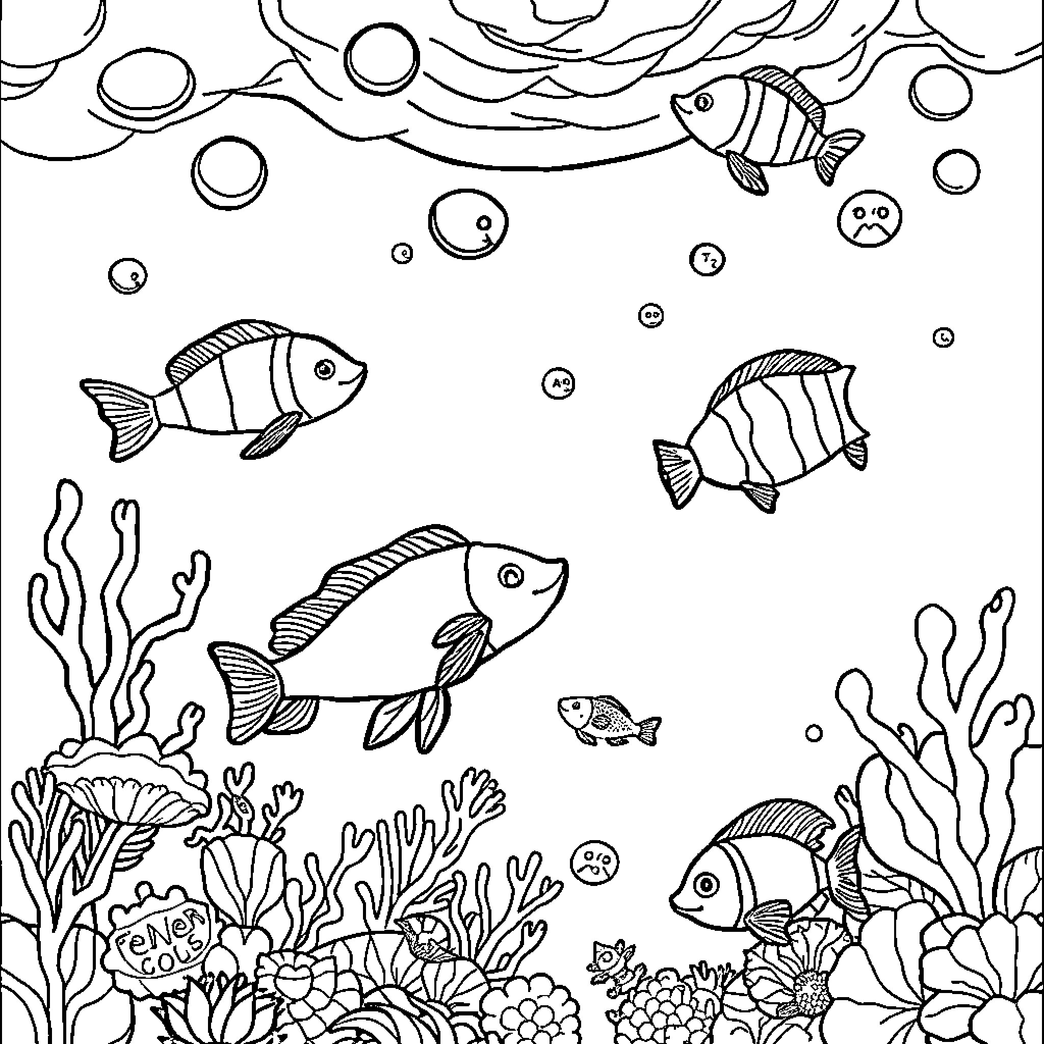 Sea Creatures Swimming Underwater Among Coral Reef Coloring Page (free black-and-white line drawing printable PDF for all, from beginners to advanced learners, including children, teens, adults, and seniors)