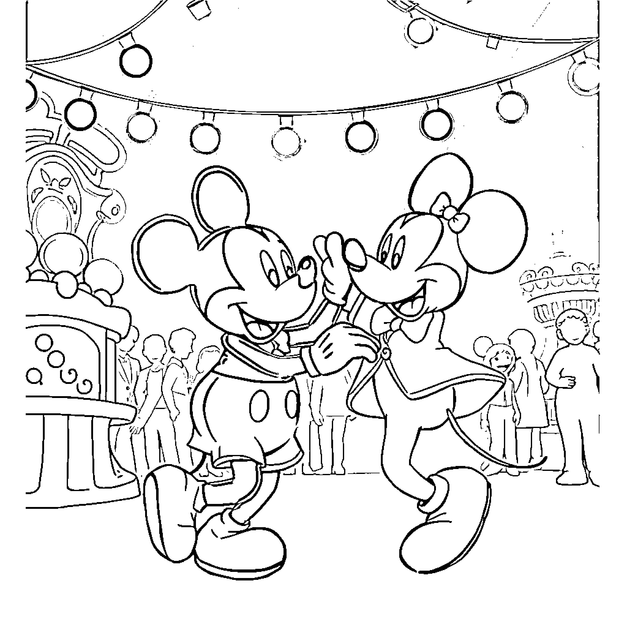 Bluey's Festive Celebration with Mickey Coloring Page (free black-and-white line drawing printable PDF for all, from beginners to advanced learners, including children, teens, adults, and seniors)