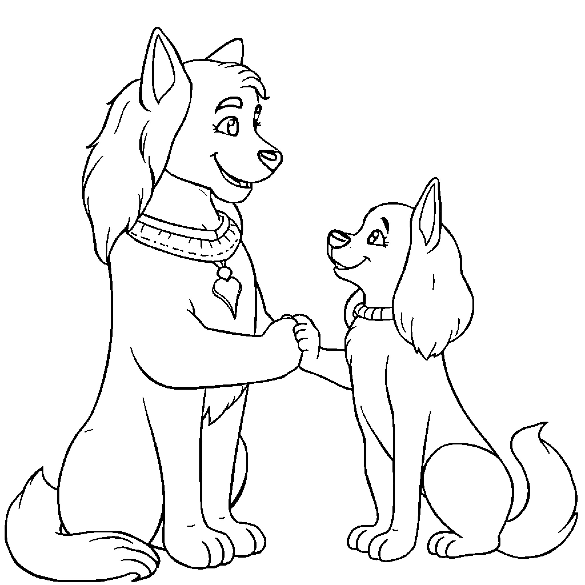 Rumi's playful encounter with furry friends Coloring Page (free black-and-white line drawing printable PDF for all, from beginners to advanced learners, including children, teens, adults, and seniors)