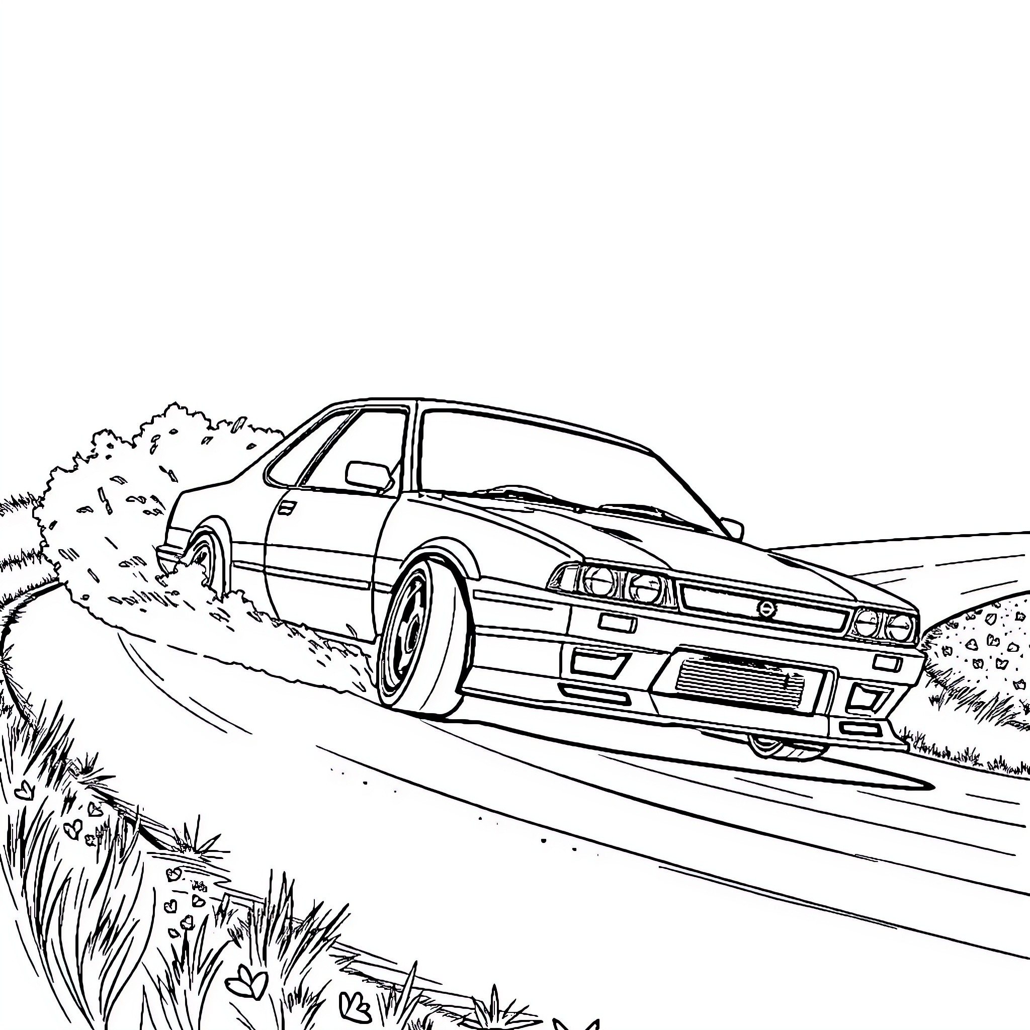 Nissan Skyline racing through scenic countryside Coloring Page (free black-and-white line drawing printable PDF for all, from beginners to advanced learners, including children, teens, adults, and seniors)